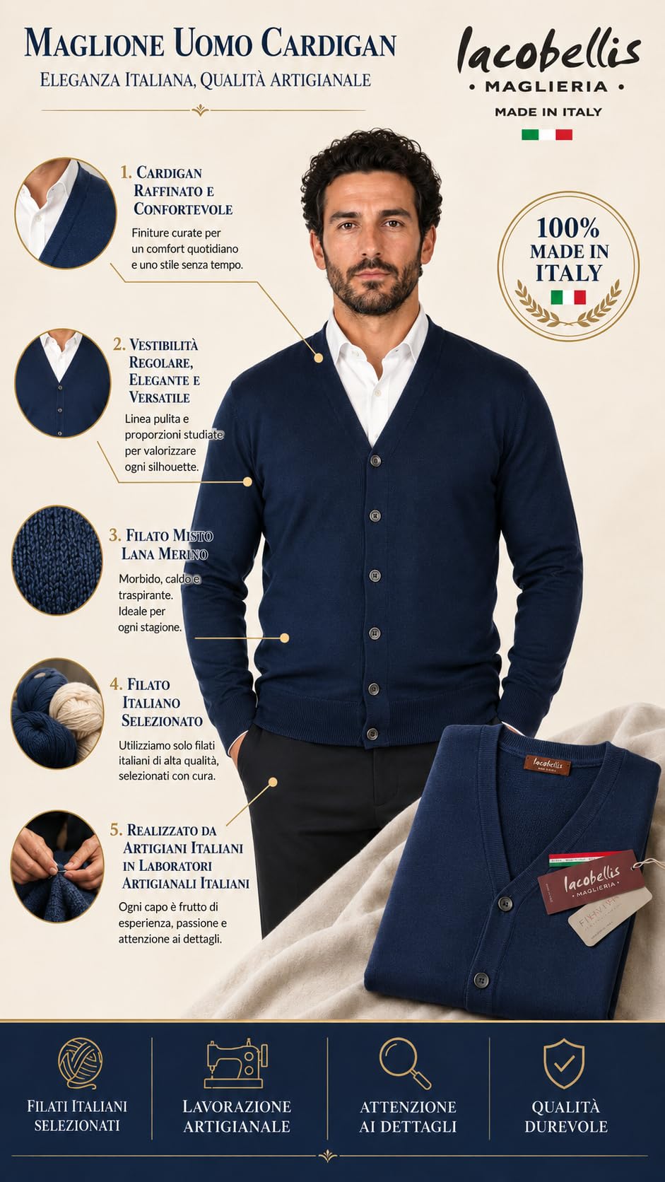Maglione Uomo Pullover Cardigan con Bottoni Misto Lana Merinos Extrafine Made in Italy