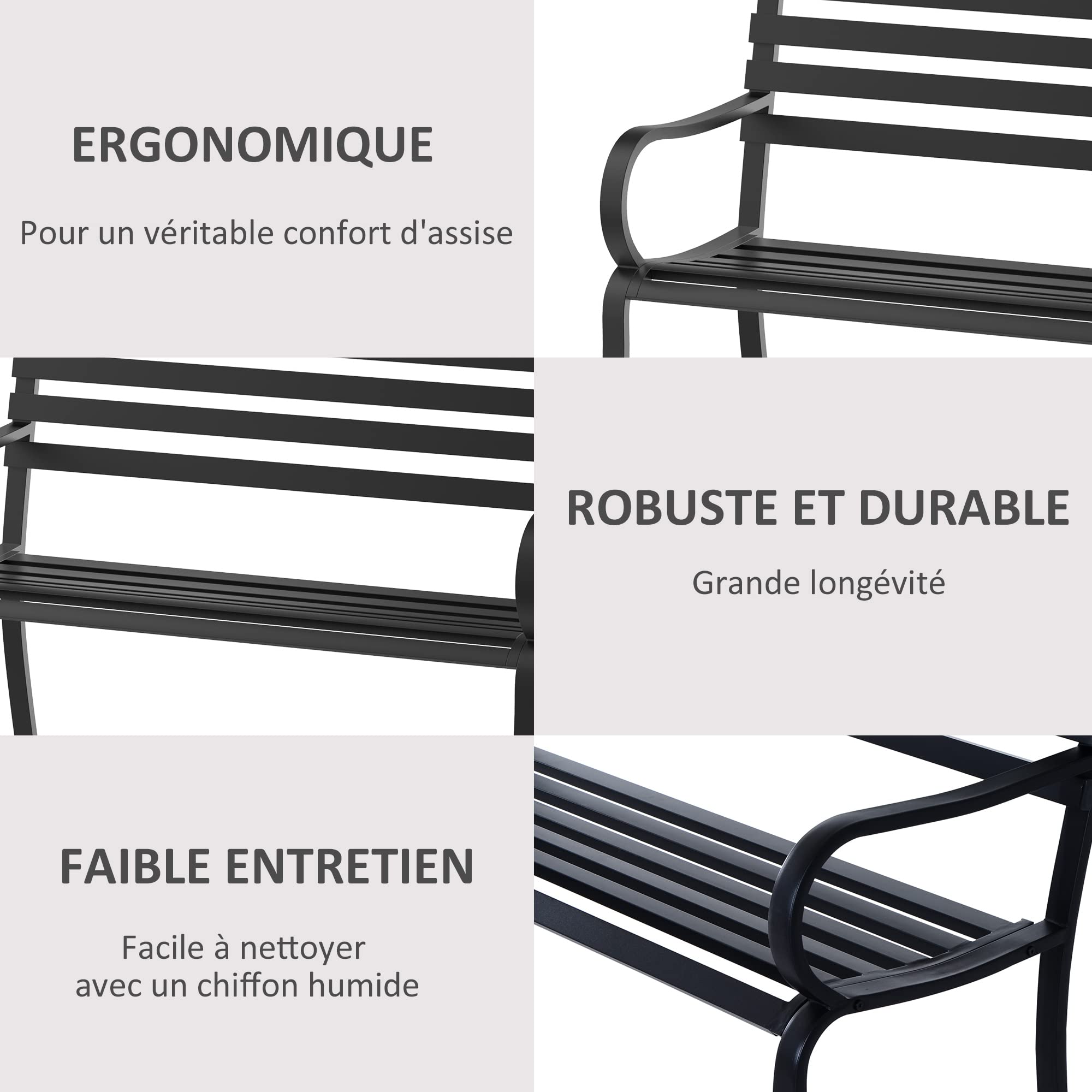 Outsunny Banc de Jardin Extérieur 2 Places 127L x 58l x 82H cm Métal Noir