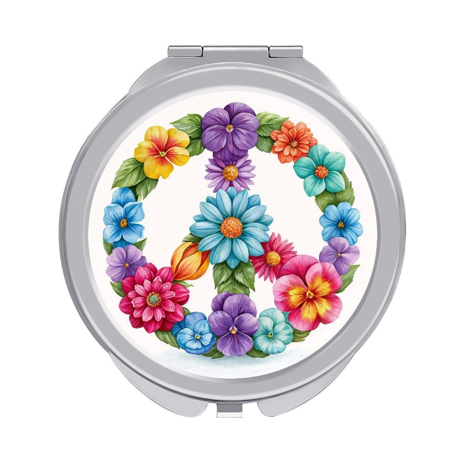 Jubonexis Watercolor The Peace Symbol Colorful Flowers Women Pocket Mirrors, Girls Small Portable Travel Makeup Mini Mirror