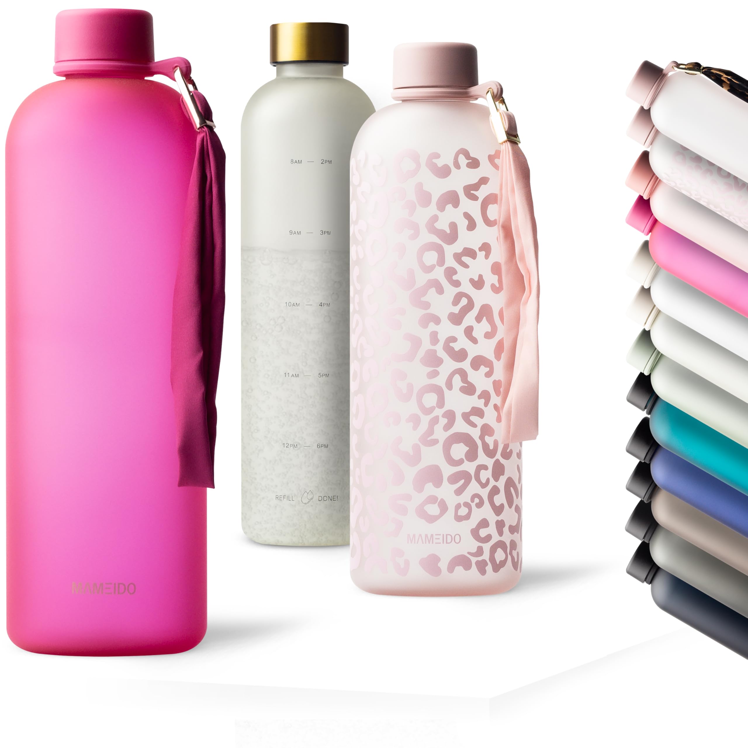 MAMEIDO Trinkflasche mit Zeitmarkierung 1,5 l Kohlensäure geeignet, auslaufsichere Water Bottle, Wasserflasche BPA frei für Sport, Gym & Büro (Glow Couture)