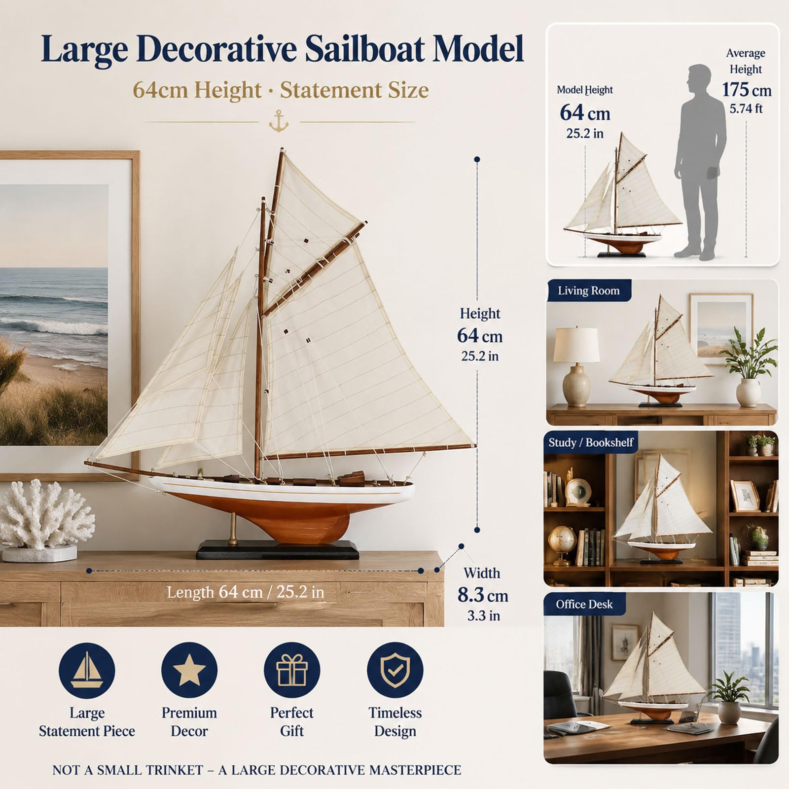 YLME Modello di Barca a Vela d'Epoca Ornamento in Legno a Forma di Barca a Vela | Decorazioni nautiche e marittime per soggiorno, ufficio, mensole, regalo per gli amanti della vela