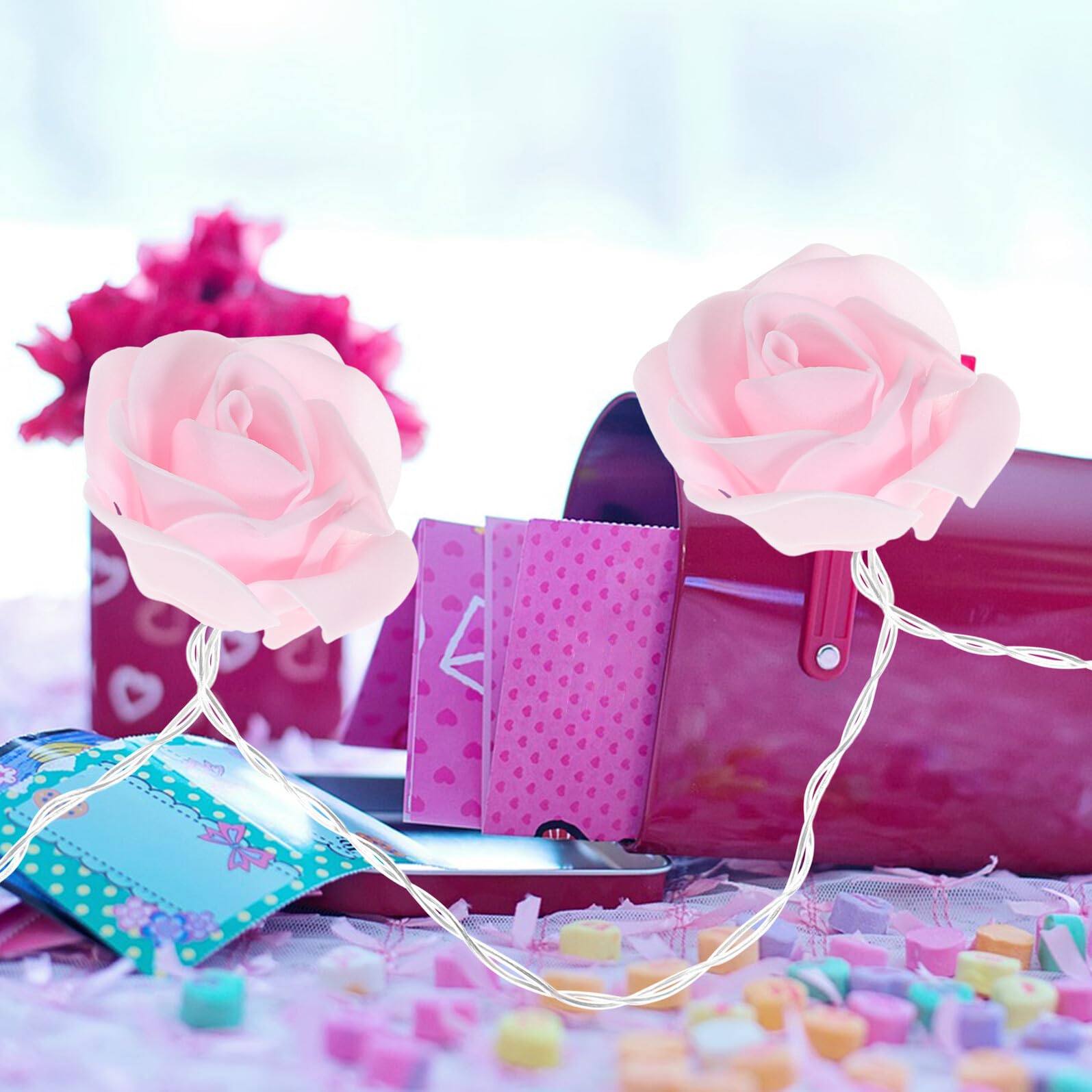 Baluue Luci a Stringa Rosa a Forma di Rosa 20 Led, Alimentate a Batteria, Filo di Rame Delicato per Decorazioni Matrimonio e Natale