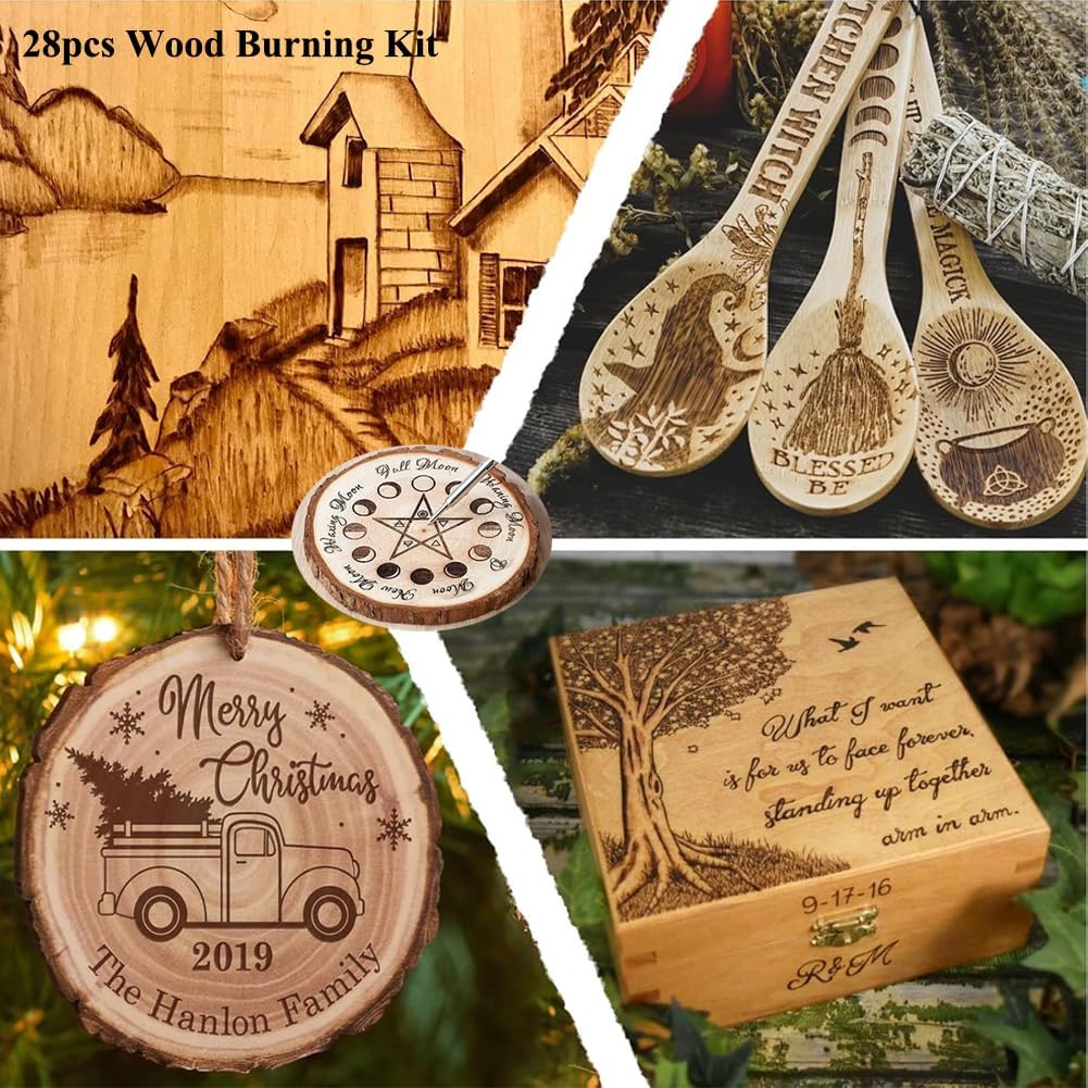 Wood Burning Tips, 28pcs Wood Burning Kit Carving Alphabet Figure Symbol Tool for Pyrography Embossing Soldering DIY Crafts Wedding Gift Wood Burner Tips Set Screw on Brass Pen Accessories Only