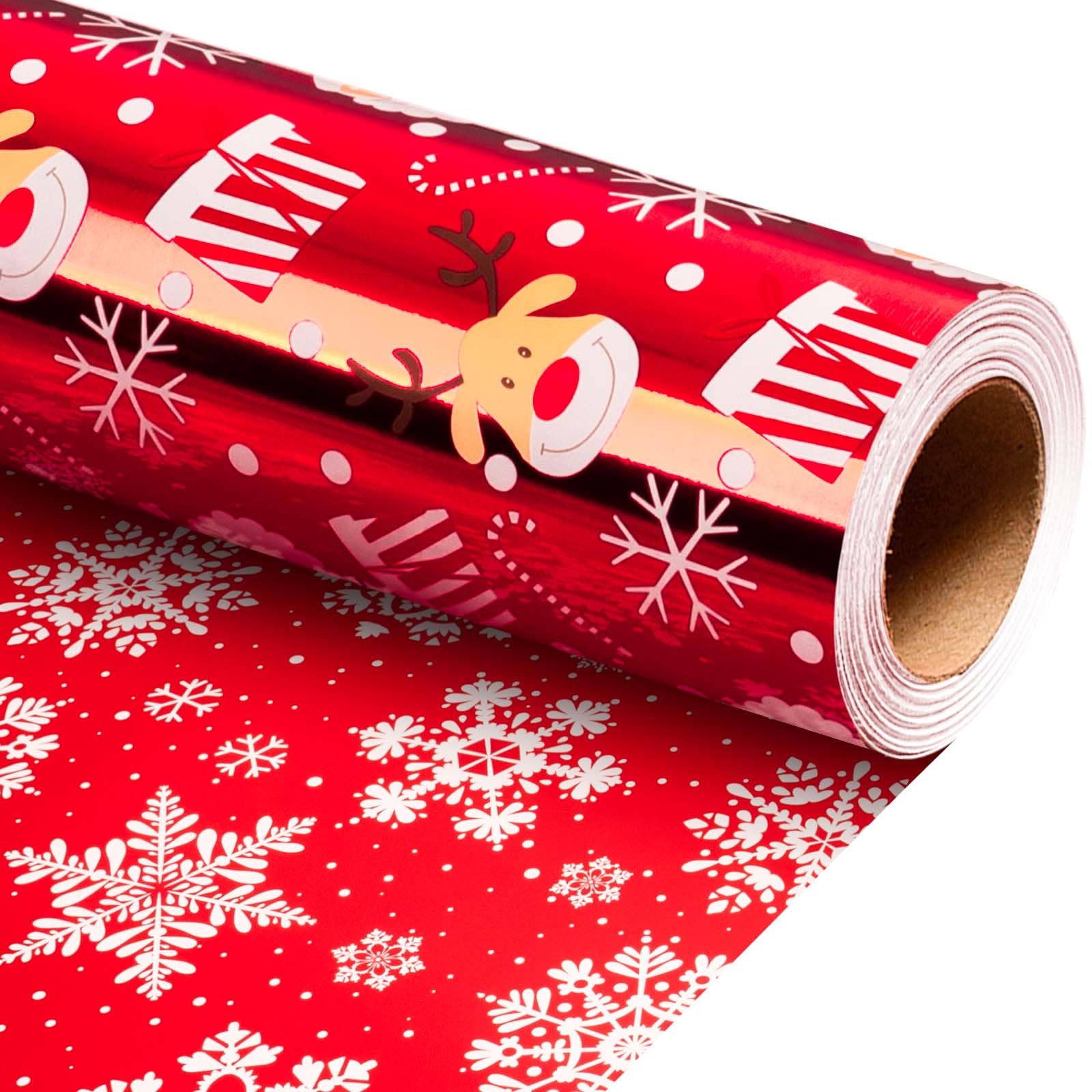 Wikadlik Red Wrapping Paper Roll - Metallic Shine Reindeer Santa Claus Candy Cane Polka Dots Gift Wrap for Christmas Holiday Festive Celebration - 43cm x 10m