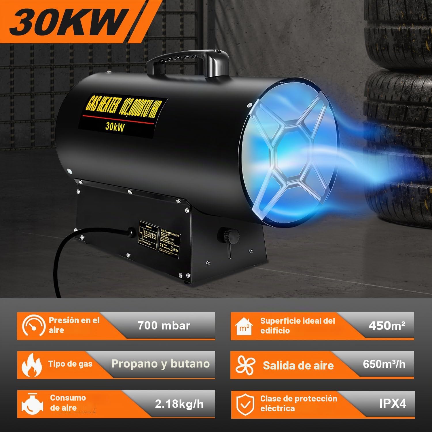 Eulenke Soplador calefactor de gas de 30 kW, calentador de gas, caudal de aire 650 m³/h, radiador calefactor de gas incl. manguera de gas y reductor de presión, cañón de calor, generador de aire