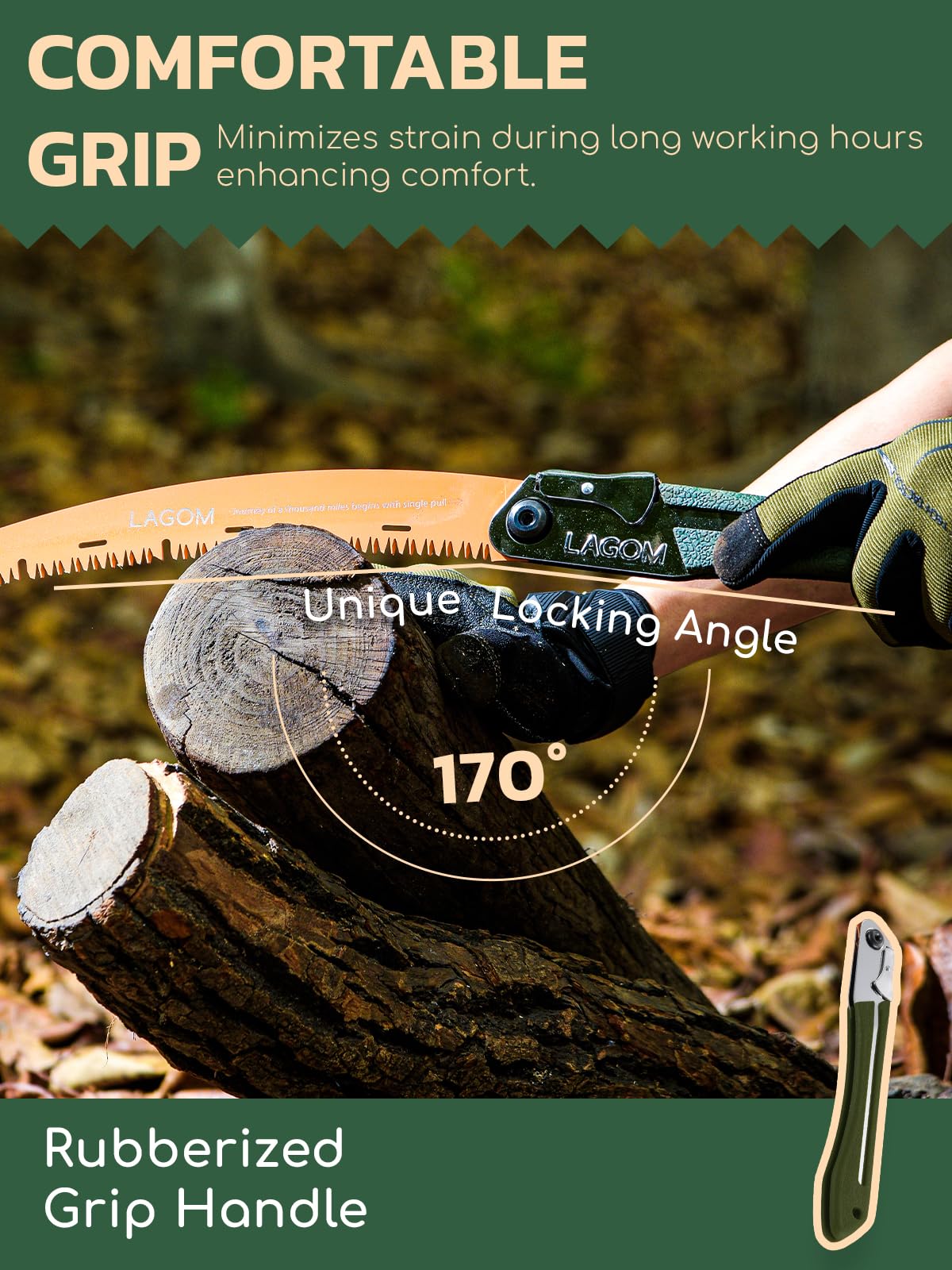 LAGOM Sierra de campamento plegable para cortar ramas, hoja curvada de 11.4 pulgadas | Acero SK5, mango ergonómico, uso con una sola mano, bloqueo seguro | Herramienta de poda plegable para camping
