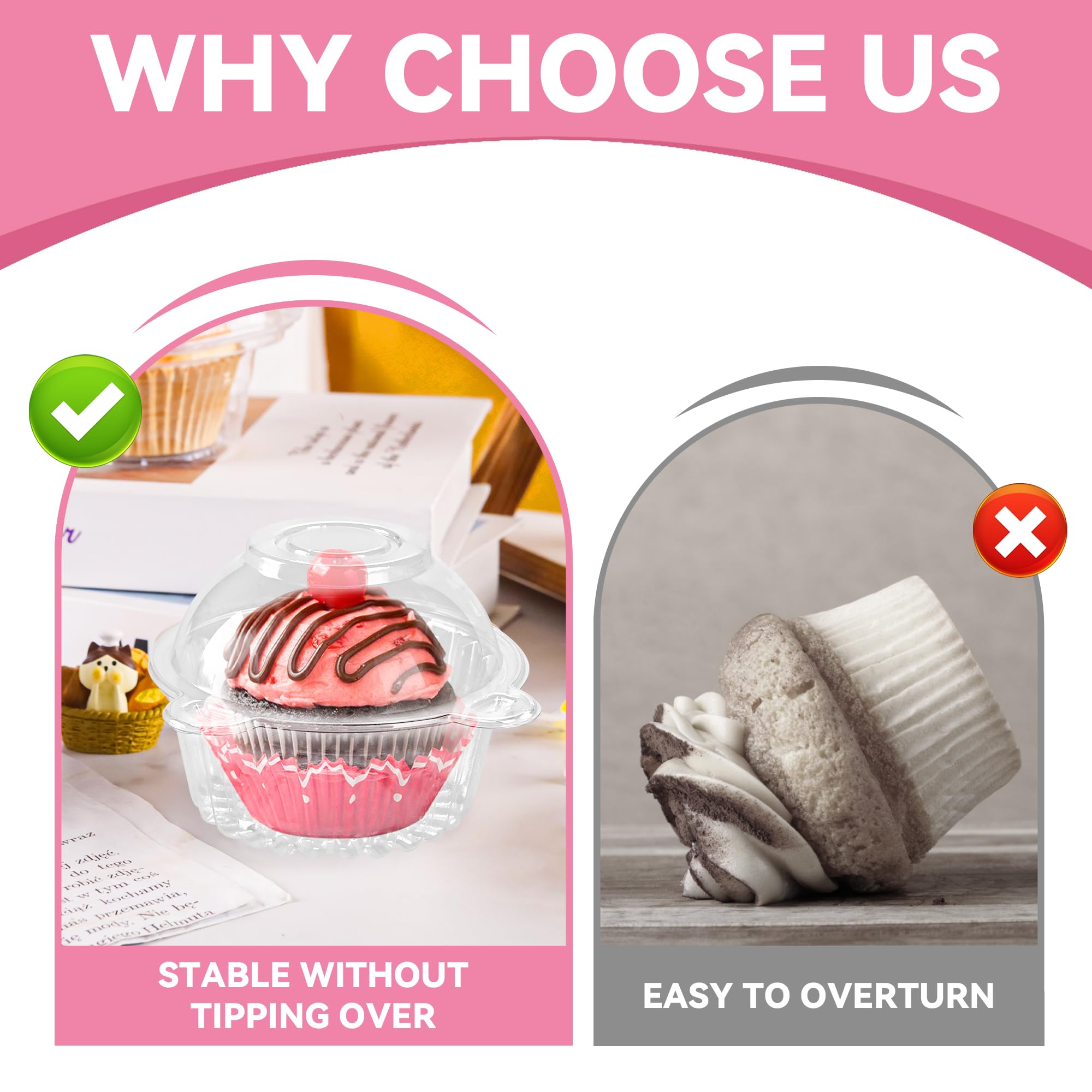 Paquete de 50 recipientes individuales para cupcakes, soportes de plástico para magdalenas, recipientes para muffins de cúpula profunda 3