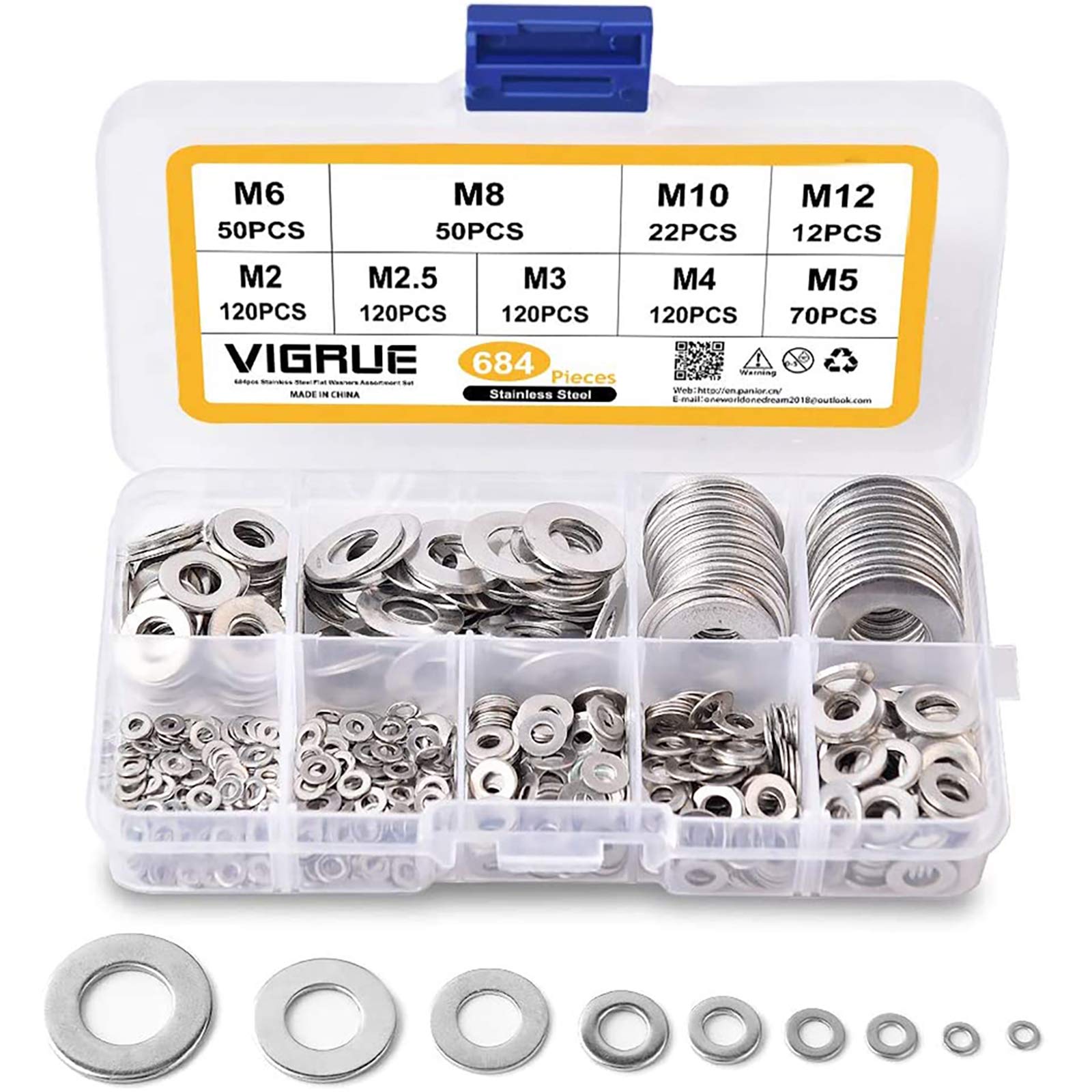 Flach Unterlegscheiben - VIGRUE Stück Beilagscheiben 9 Größen Kohlenstoffstahl Flach und Sicherungsscheiben Sortiment Set (M2 M2.5 M3 M4 M5 M6 M8 M10 M12)