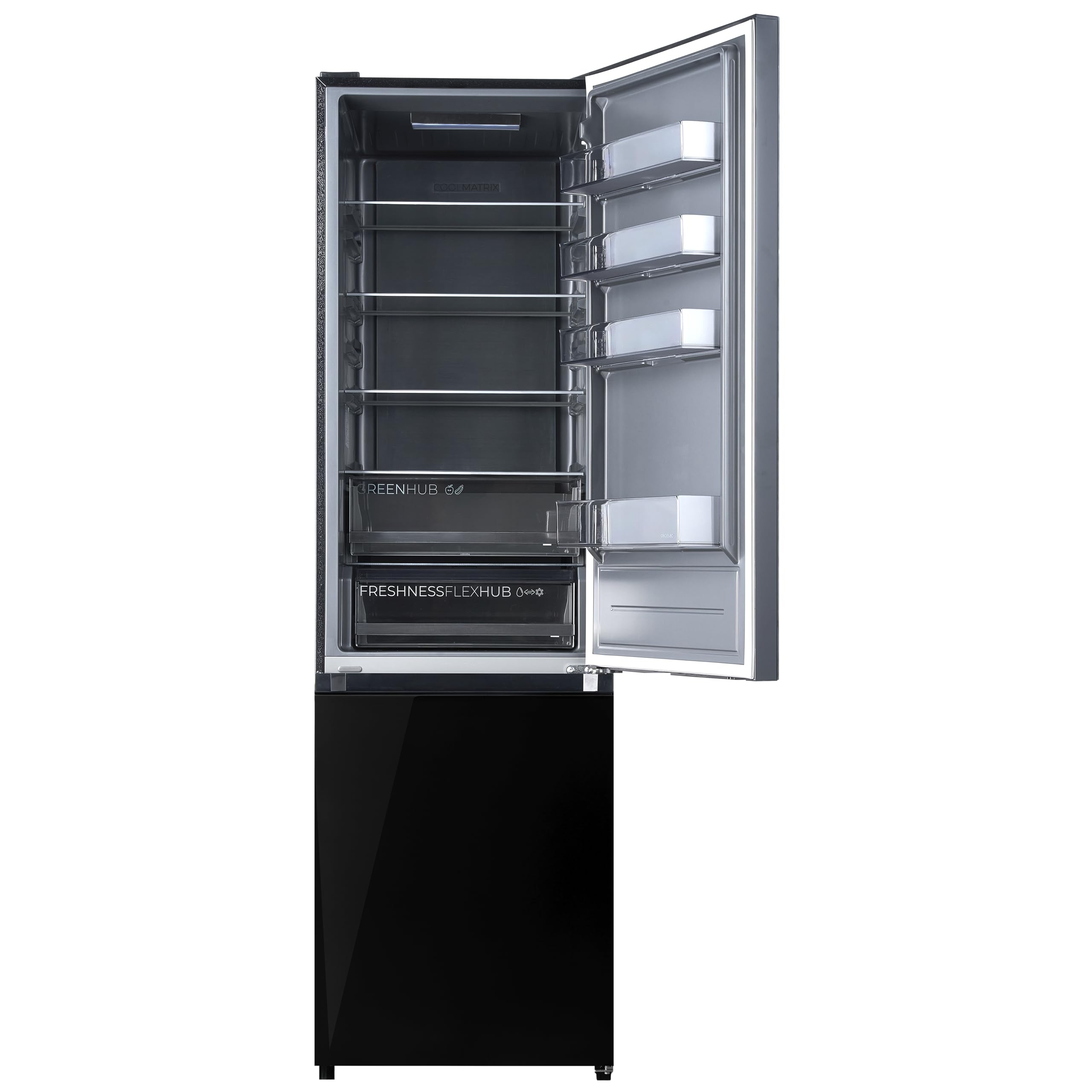 Cecotec Frigorífico Combi No Frost de 405L Bolero CoolMarket Combi 405 MC Elite Black Glass D. 200 cm de Alto, 59,5 cm de Ancho, Clase D, MetalFlex Cooling, Fresh Flex, Interior en Elite Grey, Negro