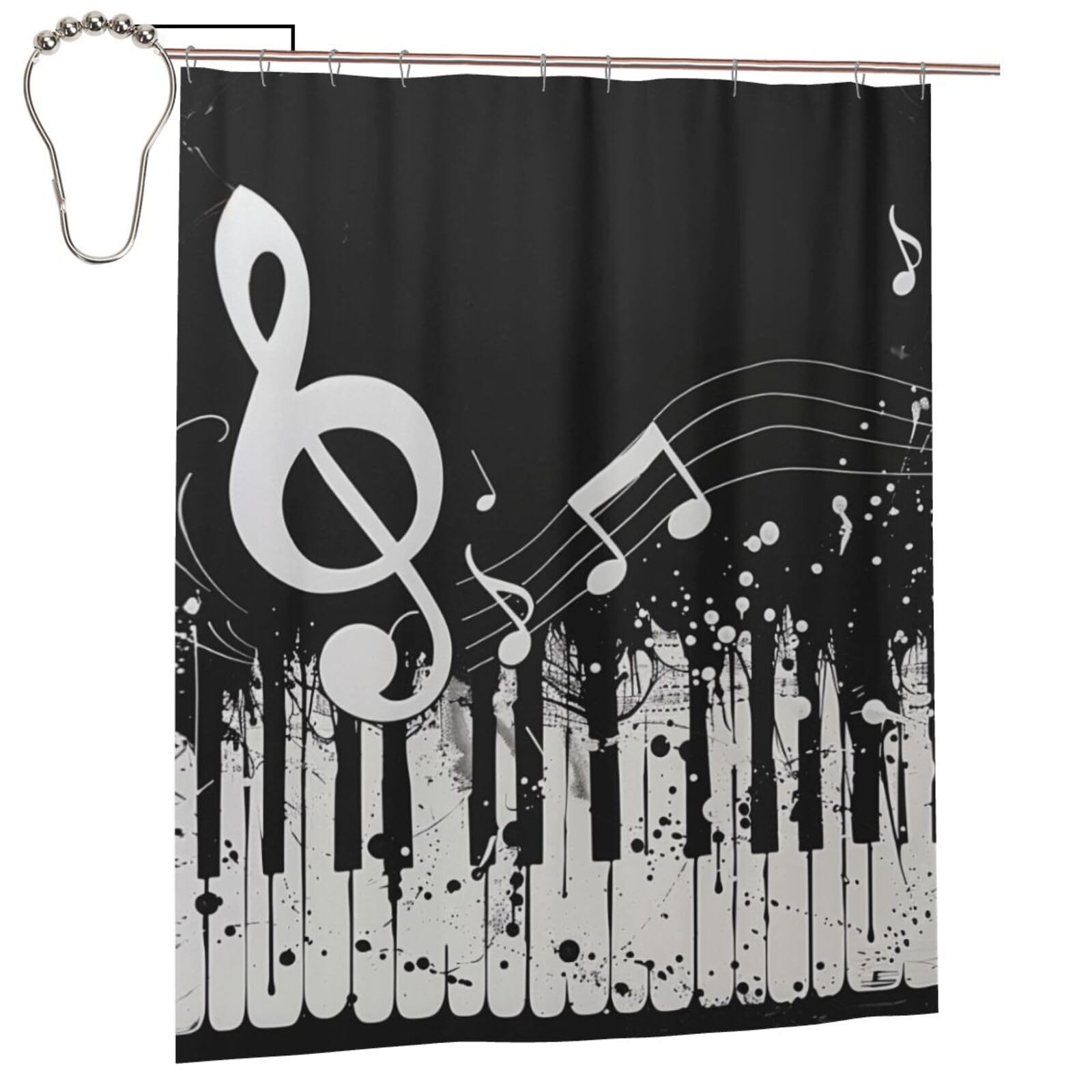 BWWHCCTI Black White Music Note Printed Shower Curtain With 12 Iron Hooks Opaque Quick Drying Waterproof Shower Curtains Sets For Bathroom 152x183 Cm