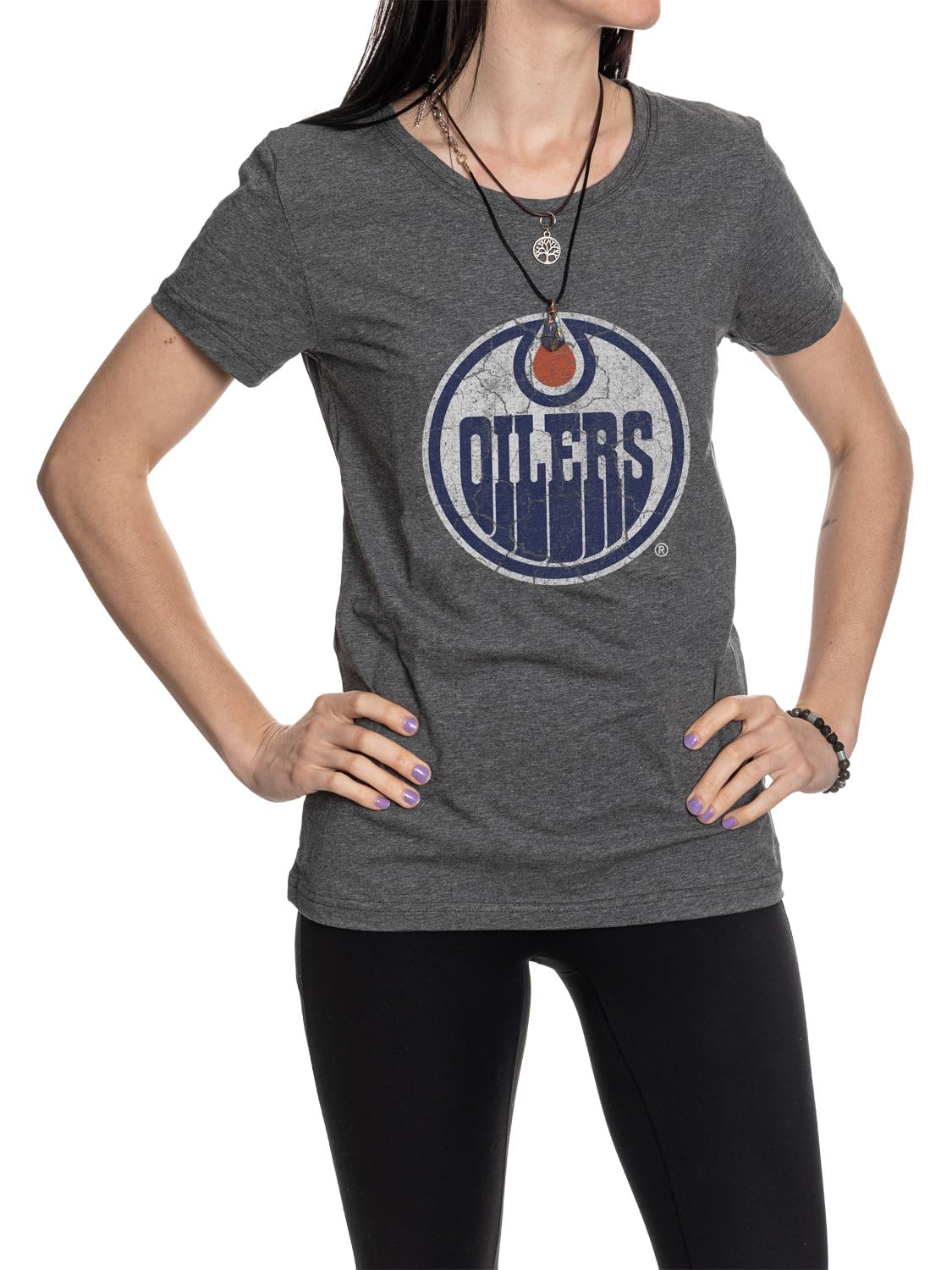 Calhoun NHL Surf & Skate Women's Distressed Print Fitted Crew Neck Premium T-Shirt (Edmonton Oilers, XX-Large) — view 4
