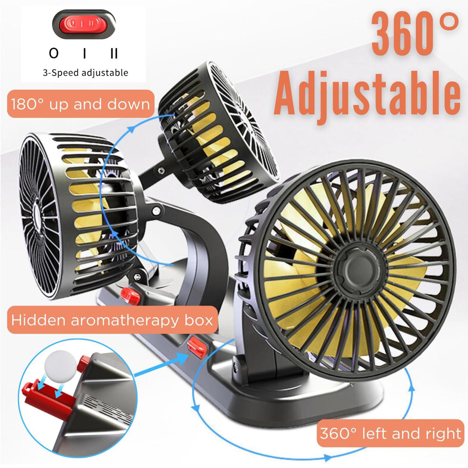 Ventilatore per auto, a tre teste per sedili posteriori, ventola di rotazione a 360°, ventilatore per sedile posteriore, ventilatore per auto da 12 V, ventola per auto con 2 velocità per auto, camion