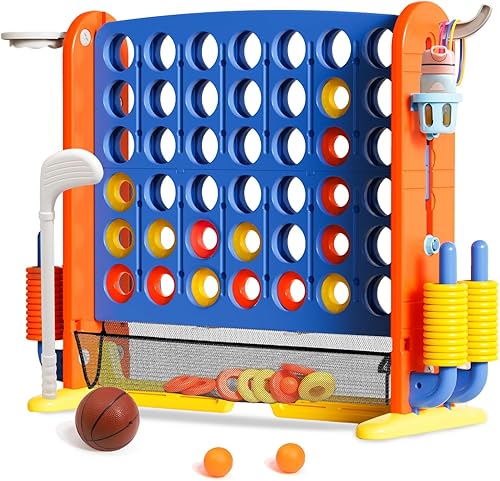 Juego gigante de conexión 4 en una fila con tela de malla Altura ajustable 4 en 1 Juego Jumbo 4 en 1 para patio con baloncesto, golf y lanzamiento