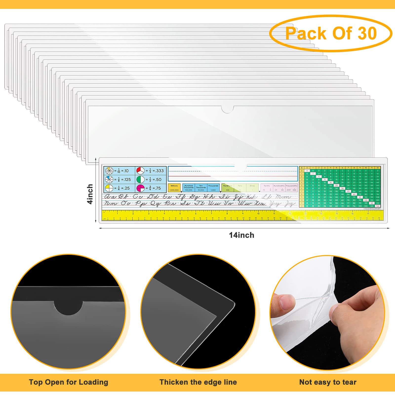 Chinco Lot de 30 pochettes autocollantes pour bacs de rangement, pochettes transparentes en plastique avec ouverture sur le dessus pour organiser les bacs, boîtes et tiroirs (35,6 x 10,2 cm)