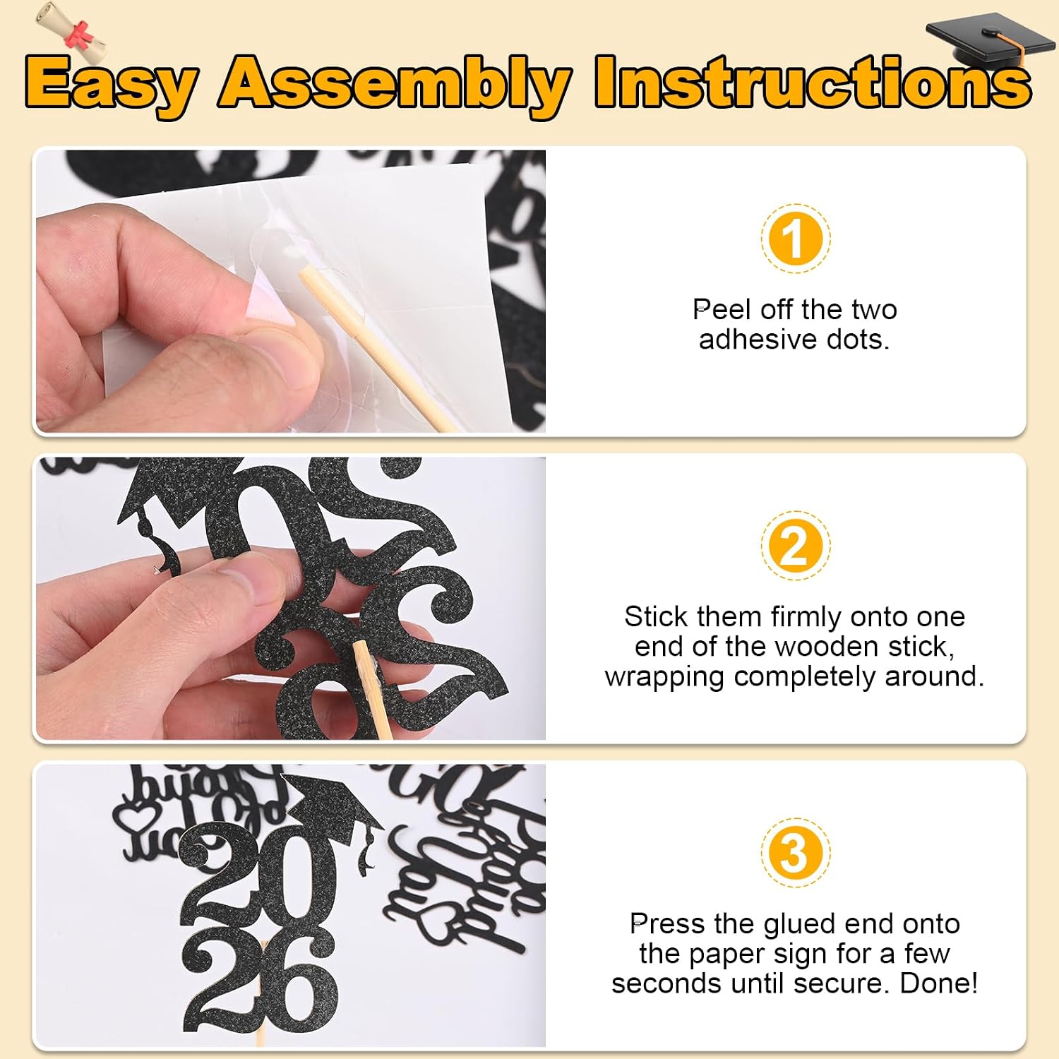 Graduation Decorations 2026, 24 PCS Class of 2026 Double-Sided Centerpieces with Sticks, Black Glitter Grad Table Toppers and Party Supplies for Cake or Photo Booth