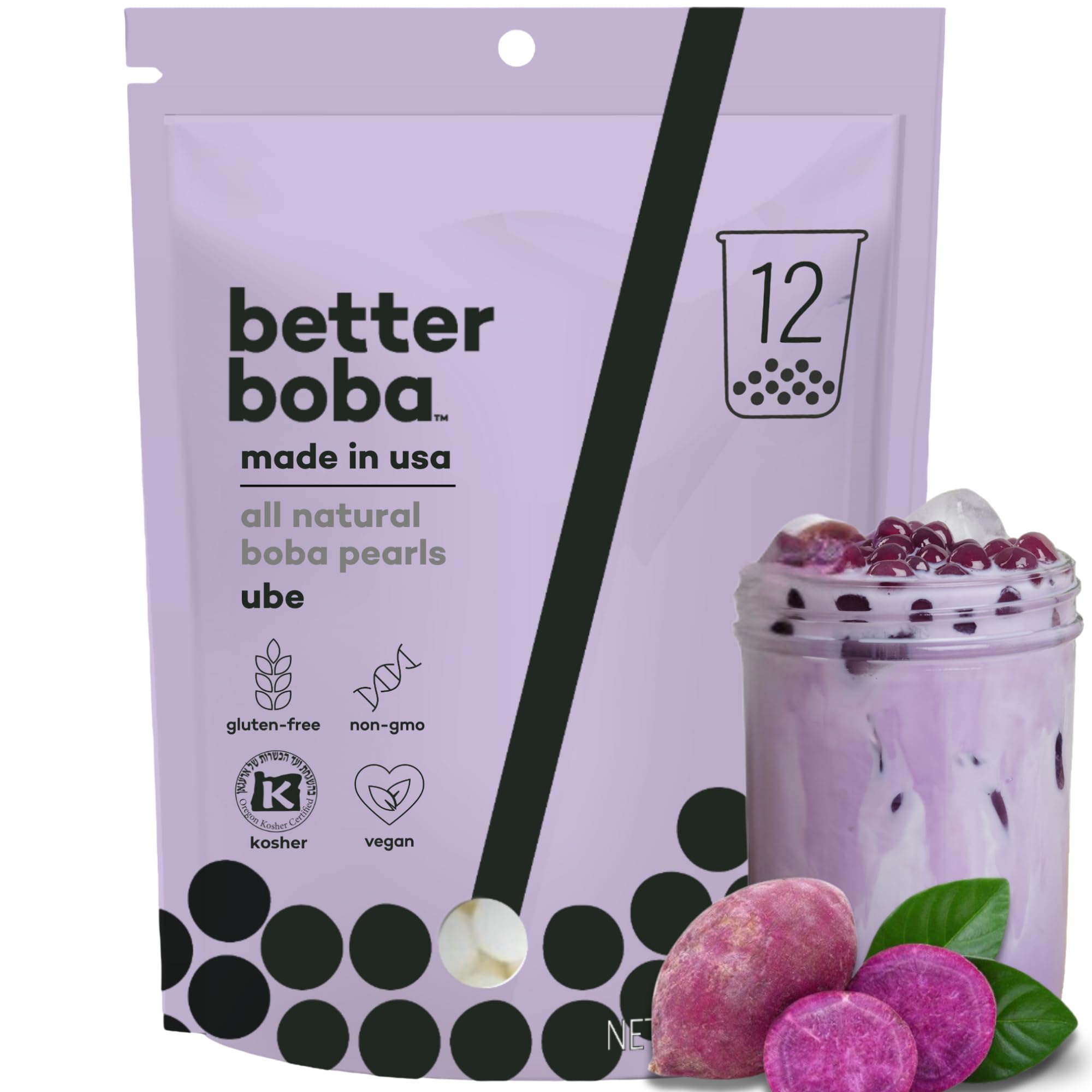 Better Boba All-Natural Ube Boba Pearls 8 Oz | Kosher, Vegan, Gluten-Free, Non-GMO Popping Boba for Bubble Tea, Desserts | 12 Servings | No Preservatives Tapioca Boba Balls | Made in USA