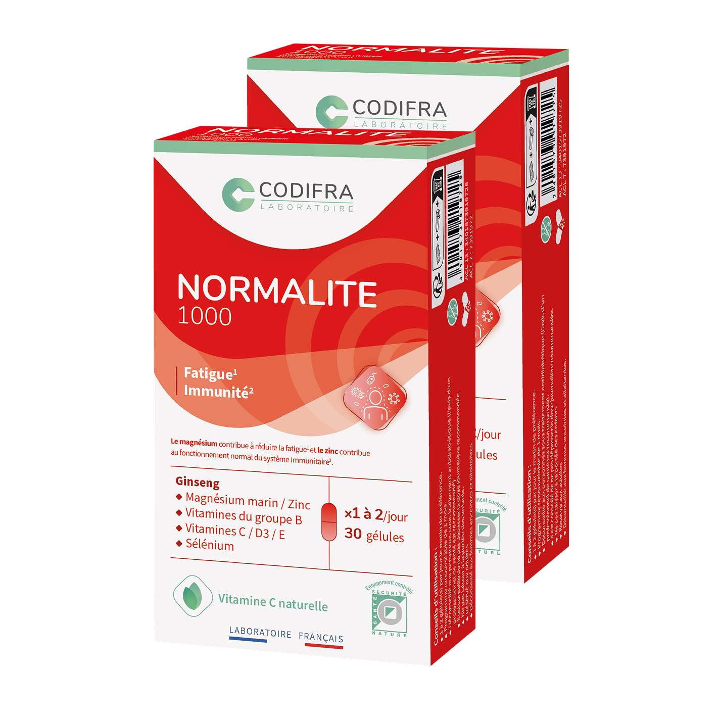 CODIFRA | Normalite 1000, Complément Alimentaire Fatigue, Immunité | Boost Naturel | Panax Ginseng, Magnésium, Vitamines | Fabrication Française | Origine Végétale | Lot de 2x 30 Gélules