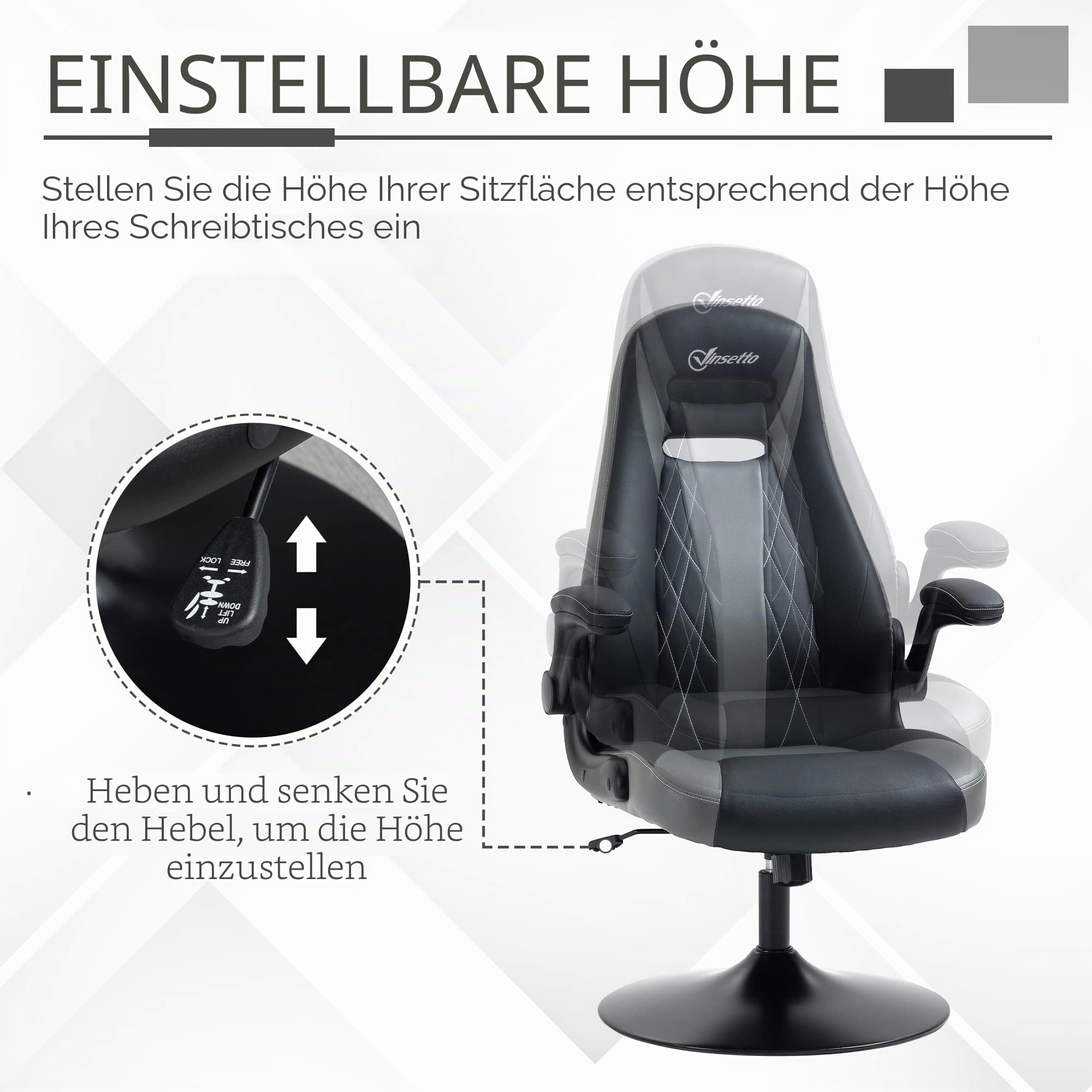 Vinsetto Ergonomischer Gaming-Stuhl mit runder Metallbasis 360° drehbar höhenverstellbar Kopfstütze hochklappbare Armlehnen PVC grau schwarz