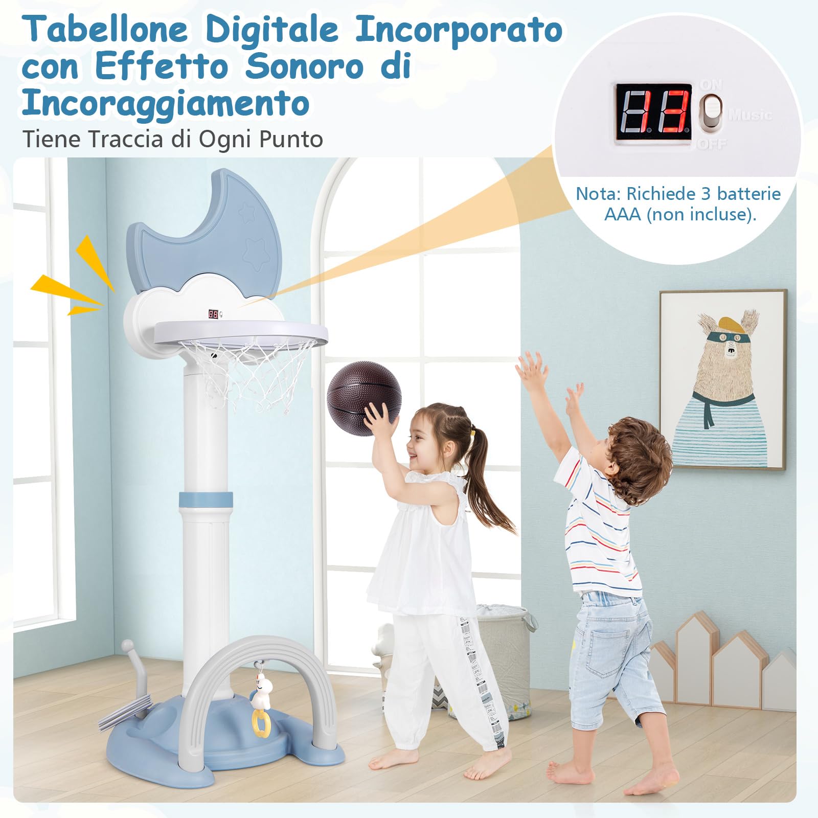 RELAX4LIFE 4 in 1 Canestro Basket per Bambini, con Basket, Calcio, Golf e Gioco del Lancio degli Anelli, Tabellone Elettronico ed Effetti Sonori, Regolabile in Altezza, 3+ Anni (BLU)