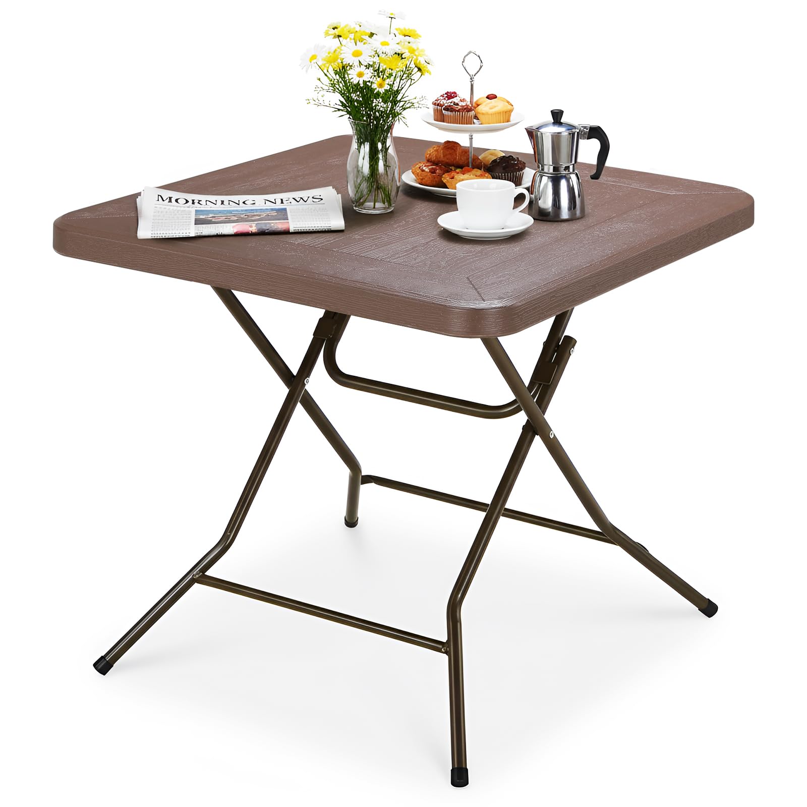 Clevich Mesa de jardín 80 x 80 x 74 cm, Mesa Plegable Portátil, Estructura de Acero y Espesar HDPE, Mesa de Camping, Resistente a la Intemperie, fácil de Limpiar para jardín, Terraza (Marrón)