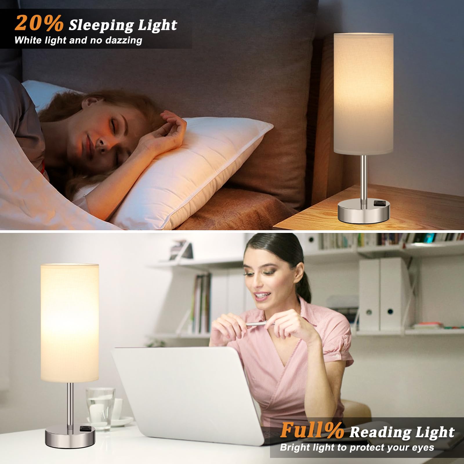 Set di 2 lampade da comodino per camera da letto, lampada touch per comodino con porte di ricarica USB-A+C, 3 vie, dimmerabile, piccola, lampada da scrivania bianca per ufficio, dormitorio, soggiorno