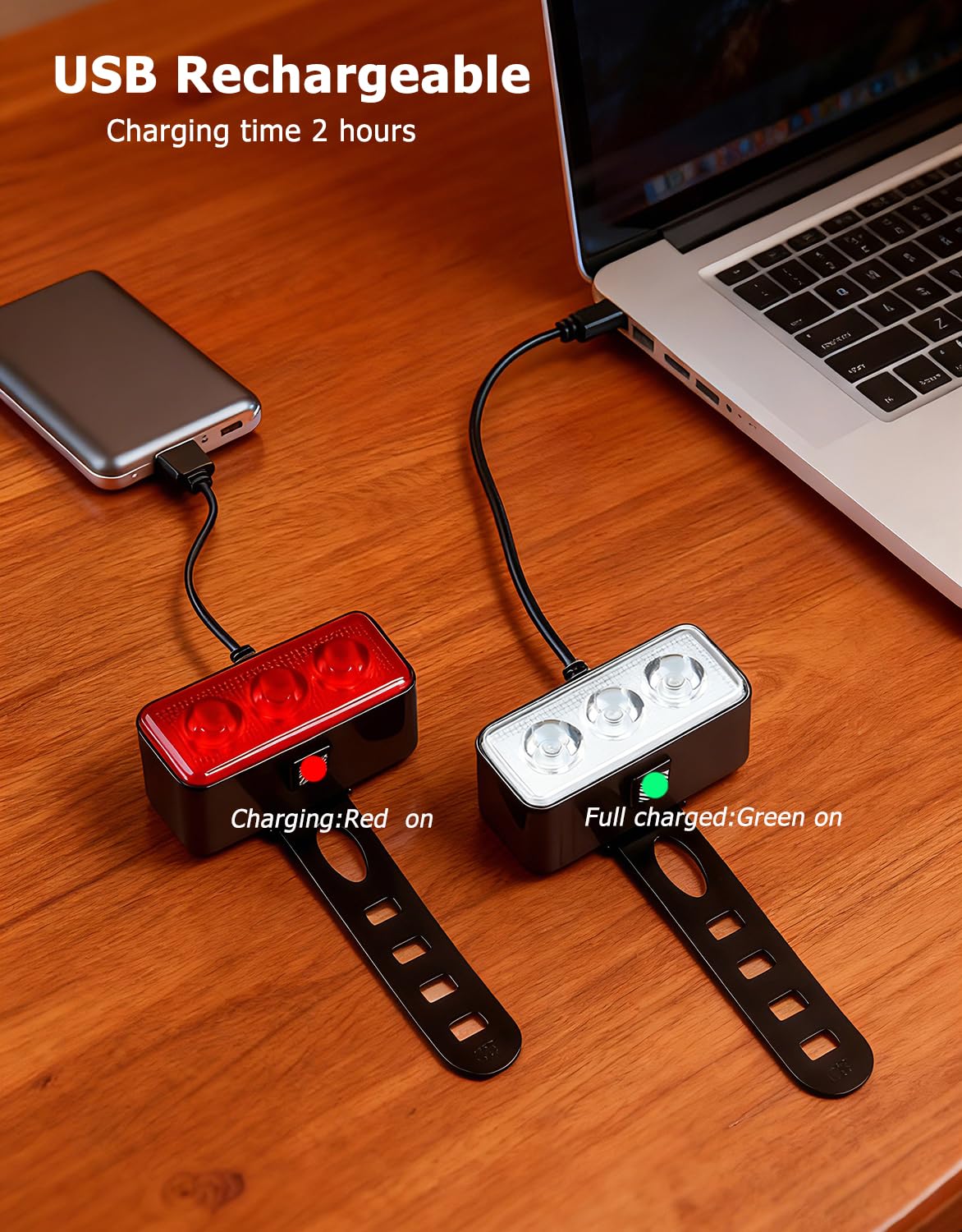 Kit di luci a LED per bicicletta, set di 2 fari e 2 fanali posteriori, luci ricaricabili impermeabili IPX4, 5 modalità anteriori/7 modalità, luci notturne posteriori per la sicurezza, per bambini
