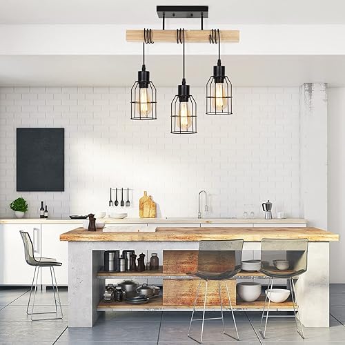 Miniatura 7 de Lámpara de techo semiempotrada de 3 luces, luces de techo con pantalla de jaula de metal y madera maciza, iluminación colgante para dormitorio,