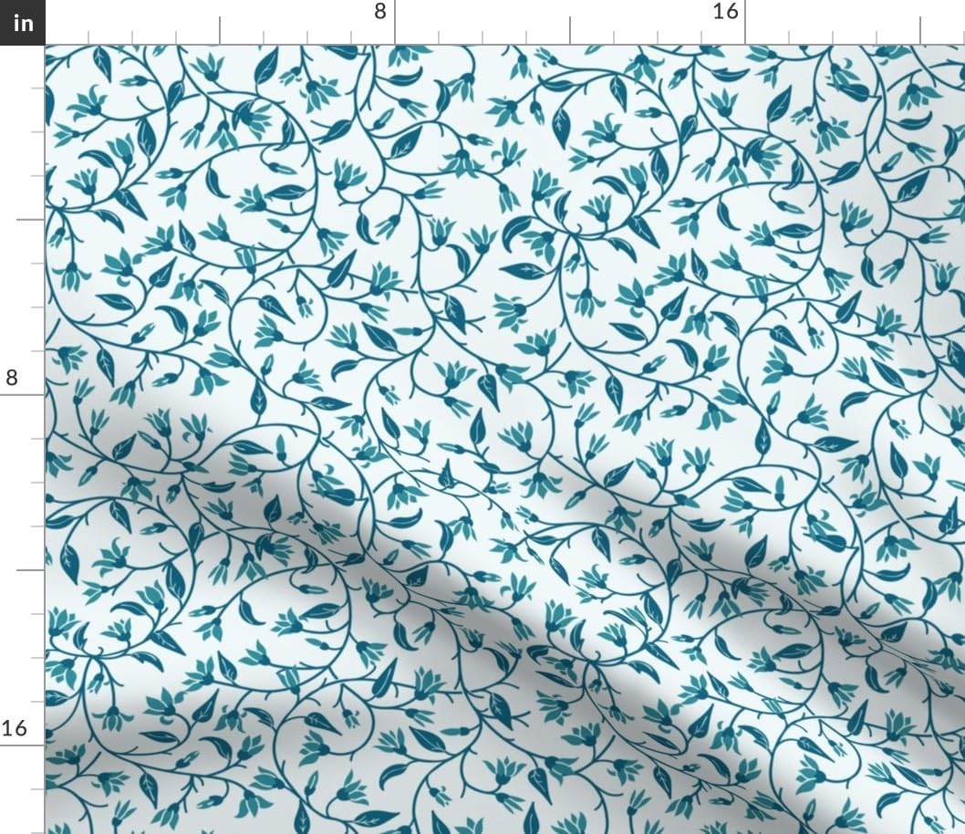 Spoonflower Fabric - Blue Botanical Teal Flowers Vines Cottagecore Small Scale Printed on Petal Cotton Fabric Fat Quarter - Sewing Quilting Apparel Crafts Decor