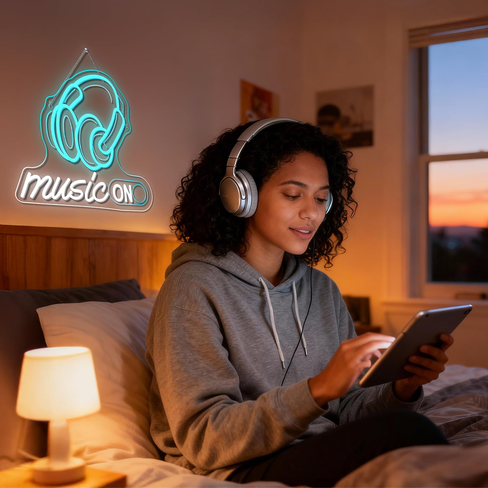 Horseneon Letrero de neón rítmico LED para decoración de pared para estudios de DJ, salas de música y configuraciones de jugadores, alimentado por USB con brillo ajustable, diseño de auriculares