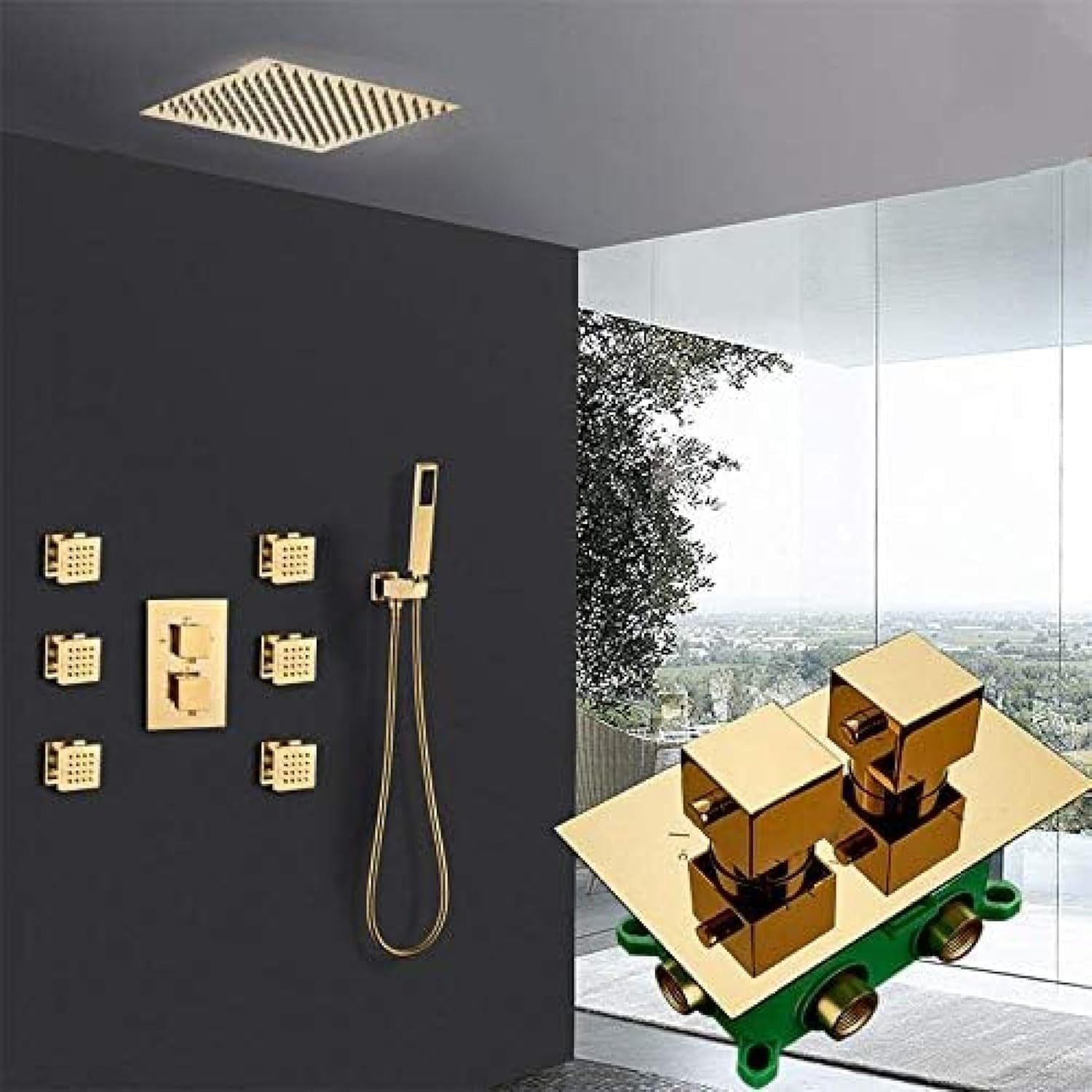 Ensemble de douche thermostatique doré encastré 3 voies avec 6 jets de massage