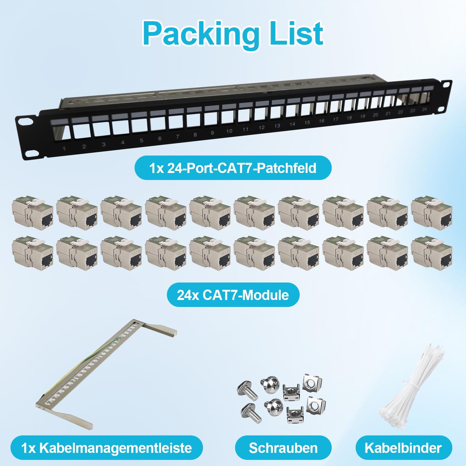 24 Port CAT7 Patchpanel, 10Gbps/600MHz, mit 24 Cat7 Keystone Module, 19 Zoll Patchpanel Verteilerfeld, Rackeinbau RJ45 LAN Netzwerk Verlegekabel Kompatibel mit Mehreren Modulen