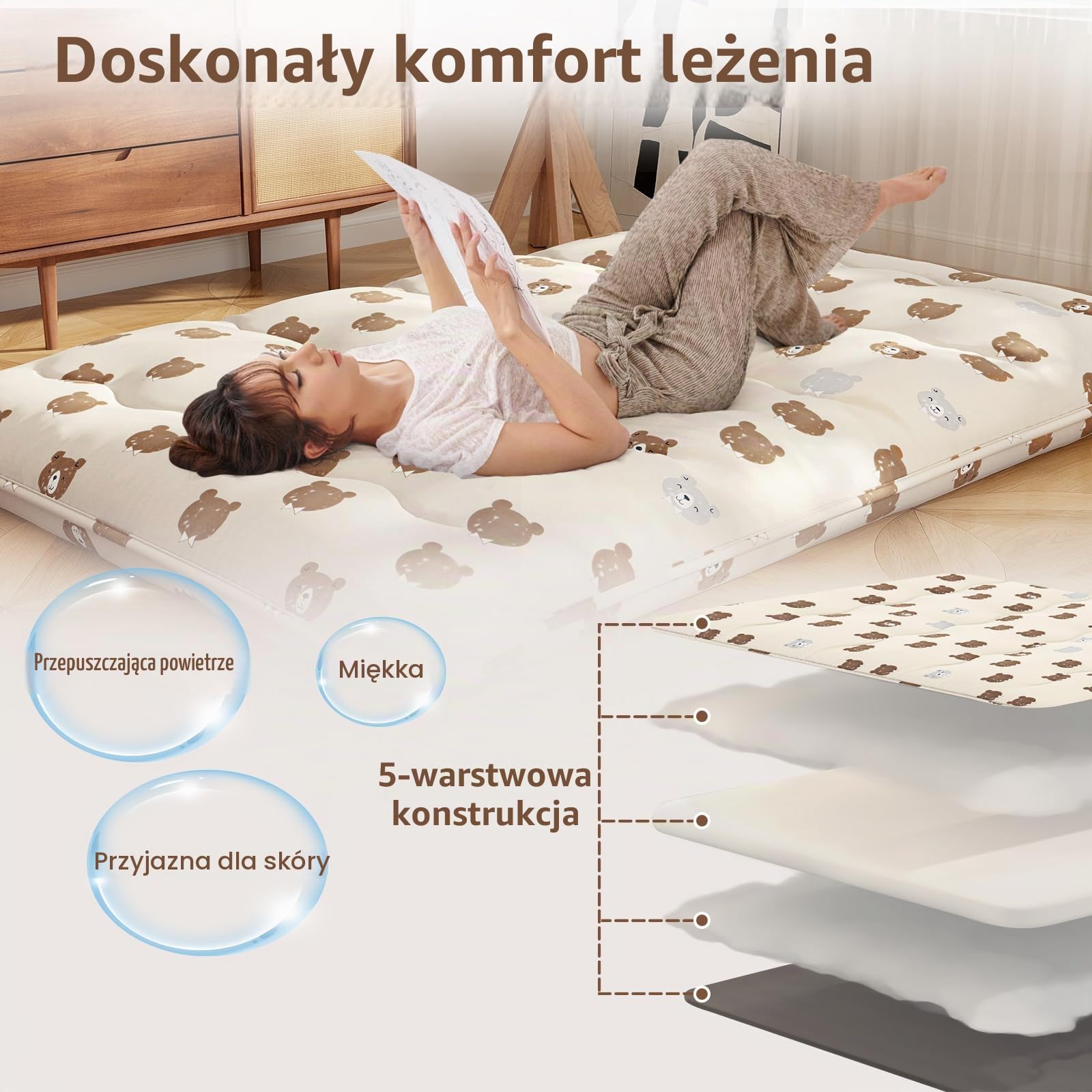 COSTWAY Japoński materac futon, mata tatami, materac podłogowy, składany materac z poszewką nadającą się do prania, składana mata do spania z torbą do noszenia, niedźwiedź brunatny, 140 x 200 cm