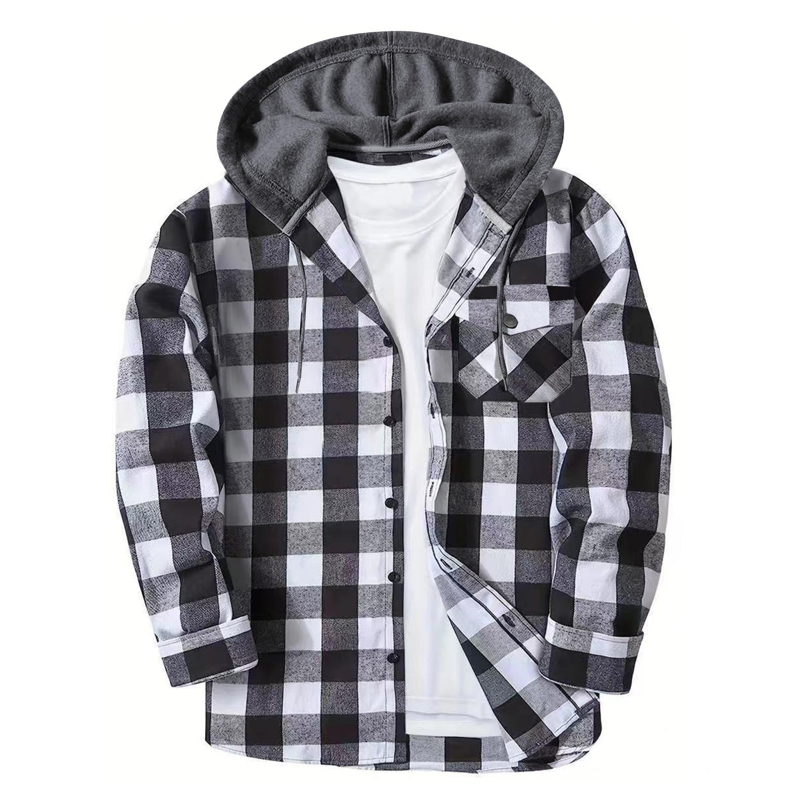 Shirts for Men Long Sleeve Fashion Casual Button Down Plaid Shirt Drawstring Hooded Jackets Lightweight Shacket 2026 — view 22
