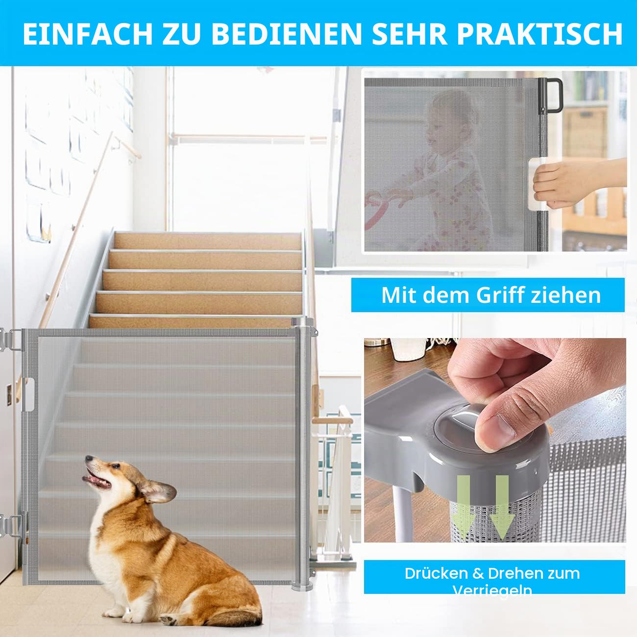 Einziehbares Babygitter für Treppen, Türschutzgitter mit Schloss, erweiterbar bis 150 cm