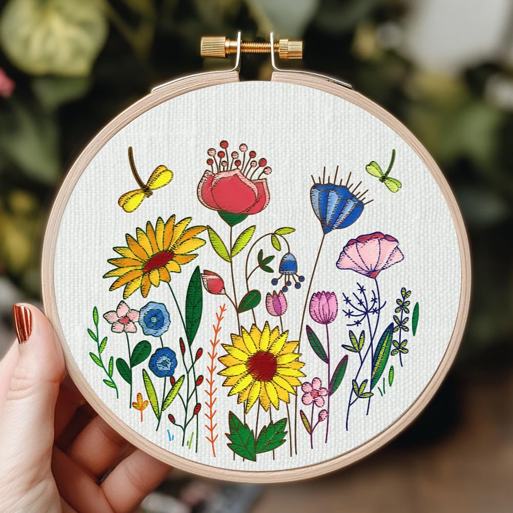 GLOBLELAND 4 Feuilles Stabilisateur Soluble Broderie - Fleurs Sauvages, Papillons & Libellules 29.7x21 Cm