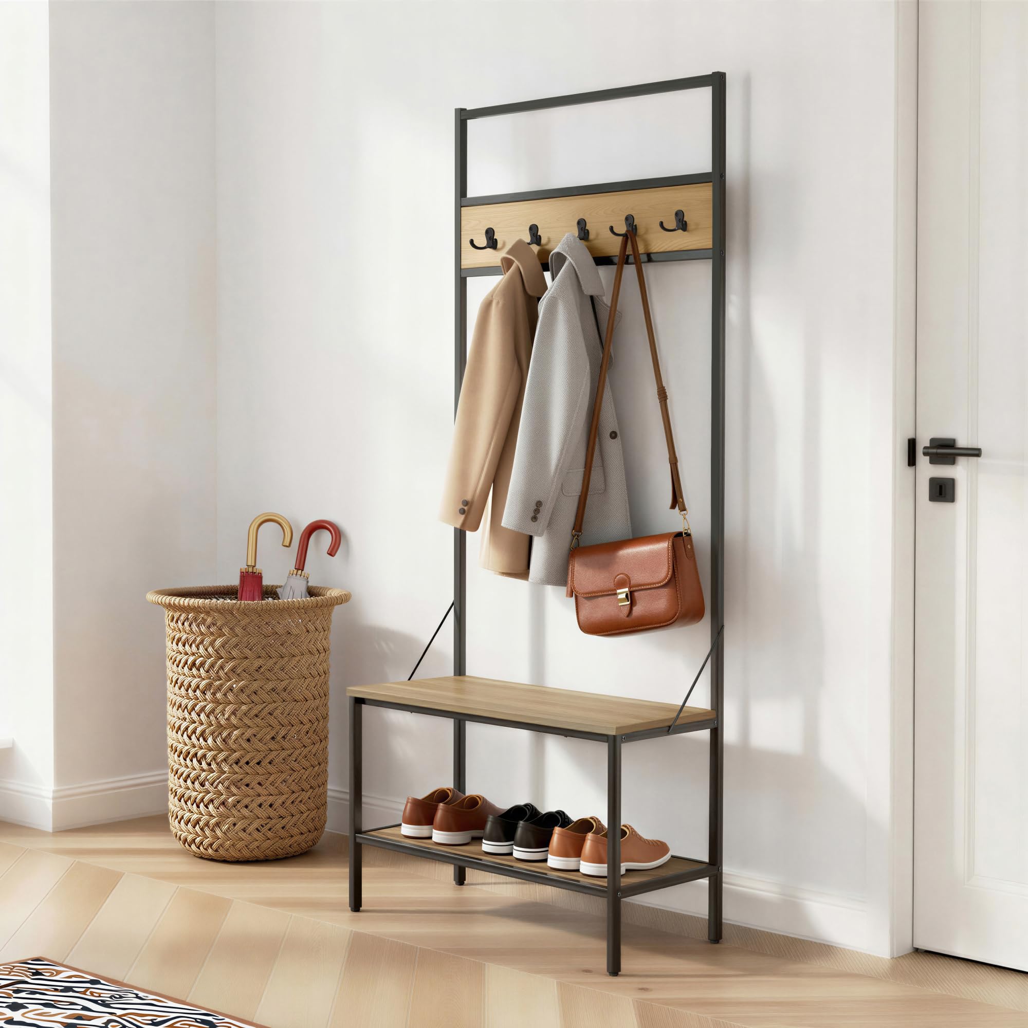 Amazon Basics Panca da Ingresso con Ganci, Appendiabiti, Attaccapanni, Mobile da Ingresso con Ripostiglio per Scarpe, 34cm x 72cm x 182cm, Quercia