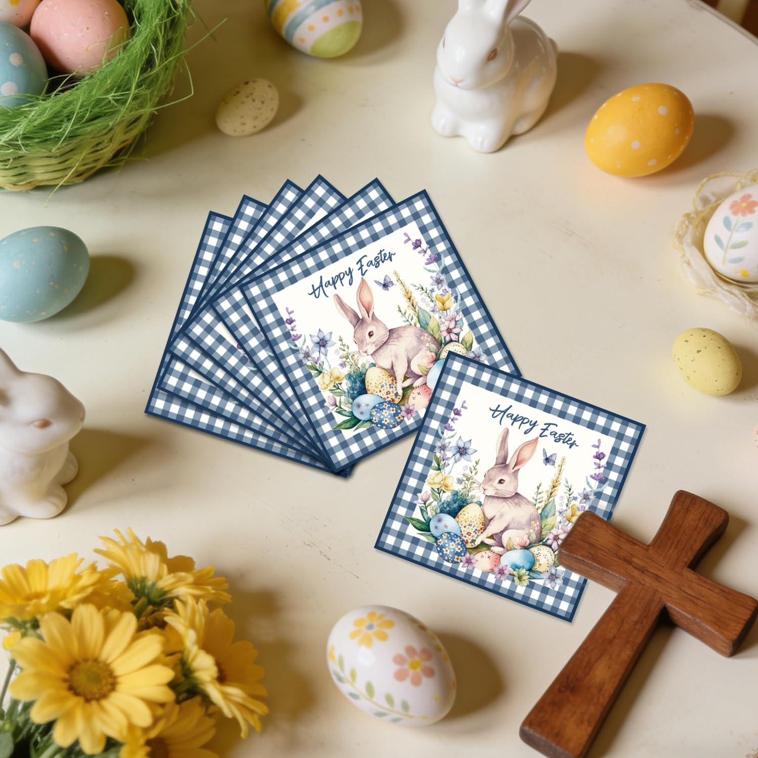 50Pcs Happy Easter Party Napkins Watercolor Bunny Rabbit Flower Egg Party Decorations Spring Floral Theme Party Supplies Disposable Drink Luncheon Dinner Table Decor Supplies Napkins 6.5" x 6.5" - Image 5