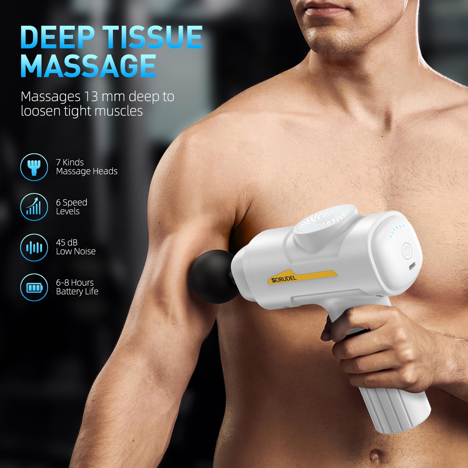 SORUDEL Massage Gun,Massage Gun Deep Tissue for Pain Relief with 7 Massage Heads & 6 Speeds and Carrying Case (White)