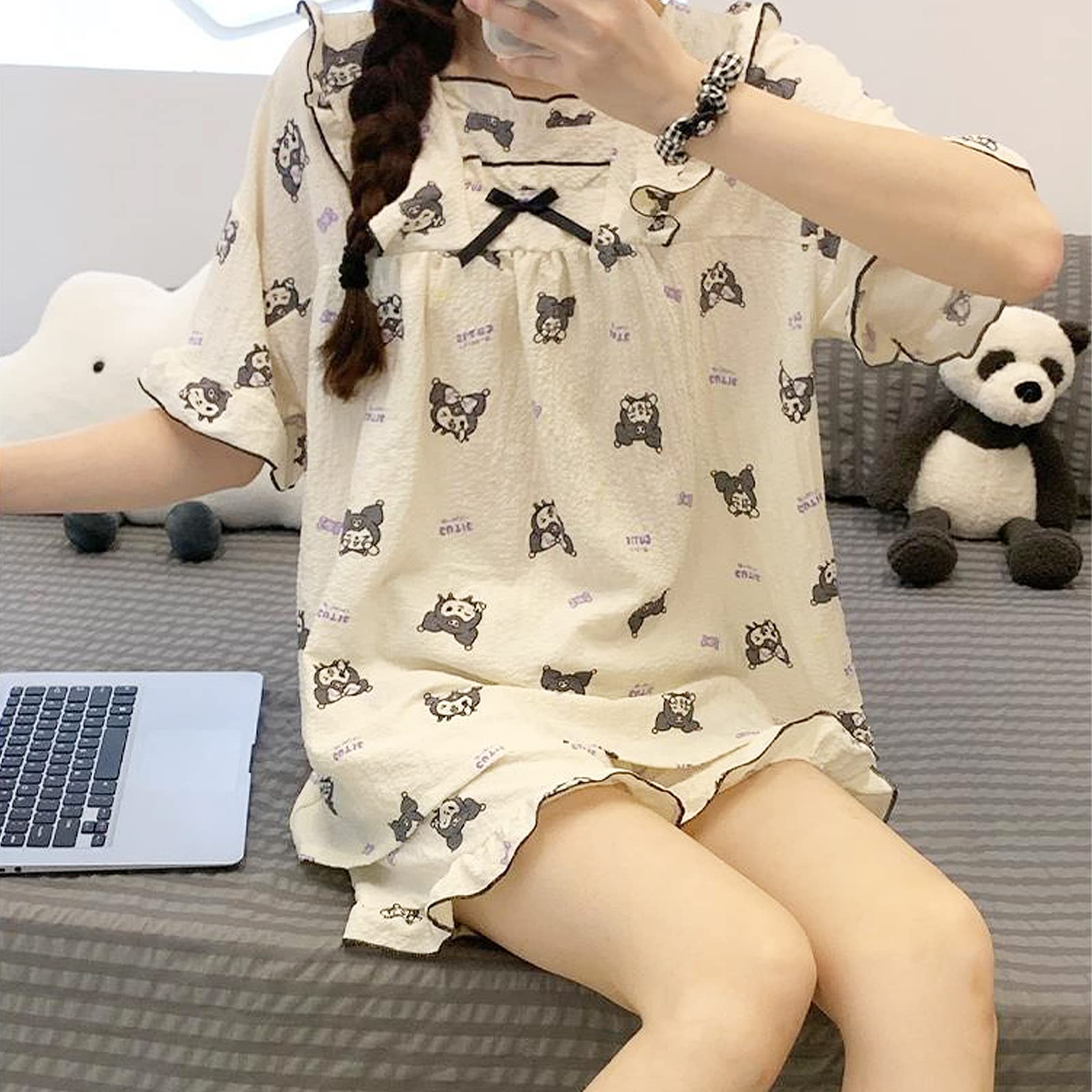 Oxsioeih Kawaii Pajamas For Women Two-Piece Set Cute Cartoon Girls Pajamas Pants Cardigan Sleepwear Home Clothes: Medium Krm Beige