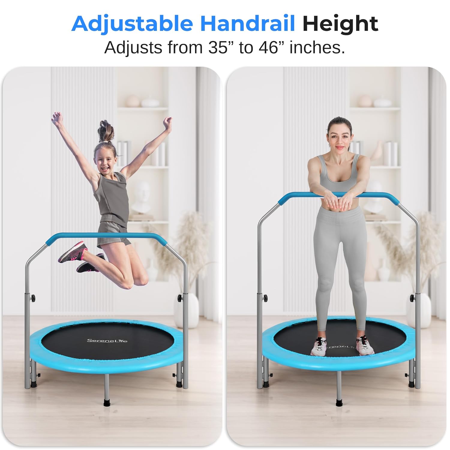 Two images showing the SereneLife SLELT403 trampoline, one with a child jumping and another with an adult using the adjustable handrail.