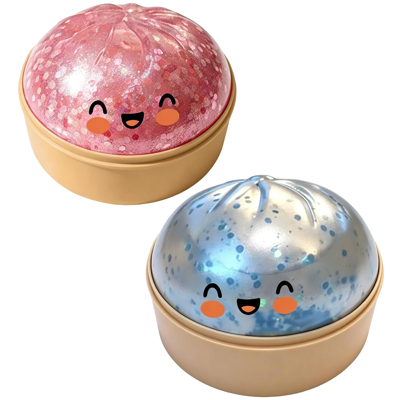 2Pcs Squishy Dumpling Item, Soft Sensory Fidget Items, Stress Relief for Office and Home Use, Transparent Pink and Blue Glitter Dumplings