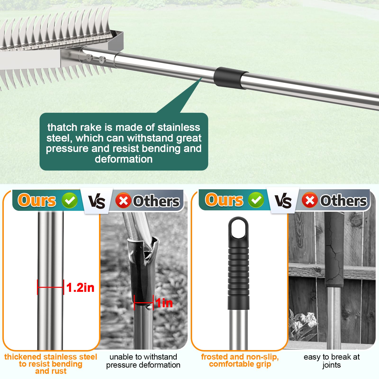 Rastrillo nivelador de césped de 36" x 10", nivelador de césped de metal resistente con mango largo ergonómico de 77", herramienta niveladora de césped, rastrillo paisajístico para jardín, patio, cé