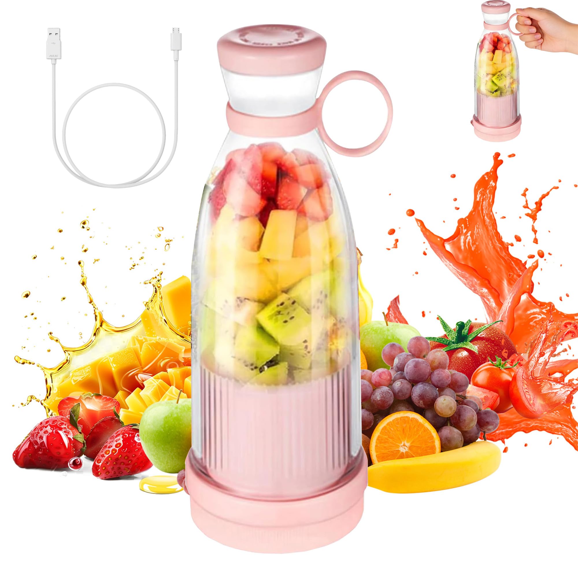 Portable Blender Smoothie Maker, 420ml Electric Mini Juice Maker with 6 Blades,Juicer Blender Bottle,for Fruits, Shakes, Smoothie, Perfect for Home, Office, School, Outdoors (Pink)