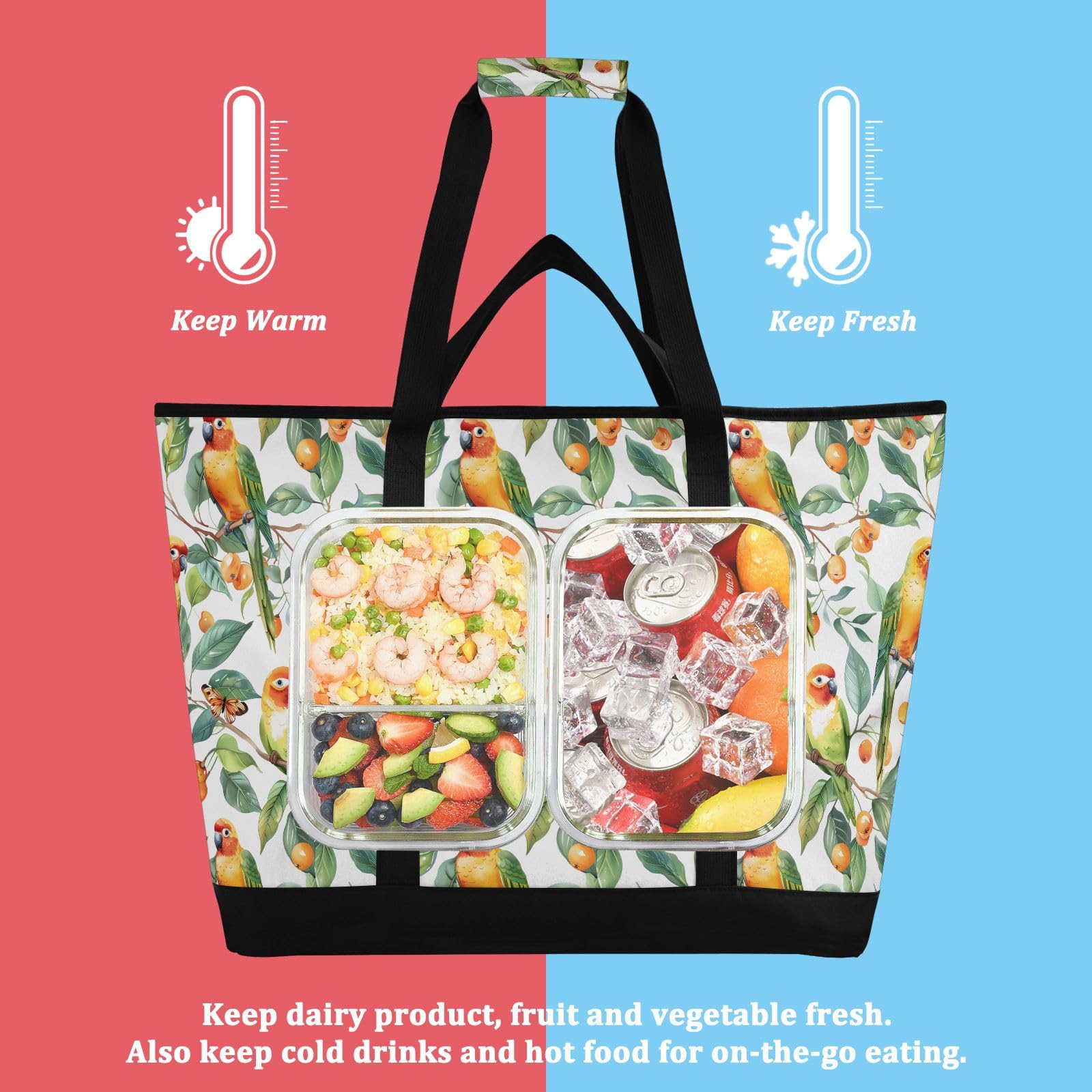 Retro Little Parrots Prints - Bolsa térmica térmica reutilizable con cremallera, bolsa térmica grande portátil para viajes o camping