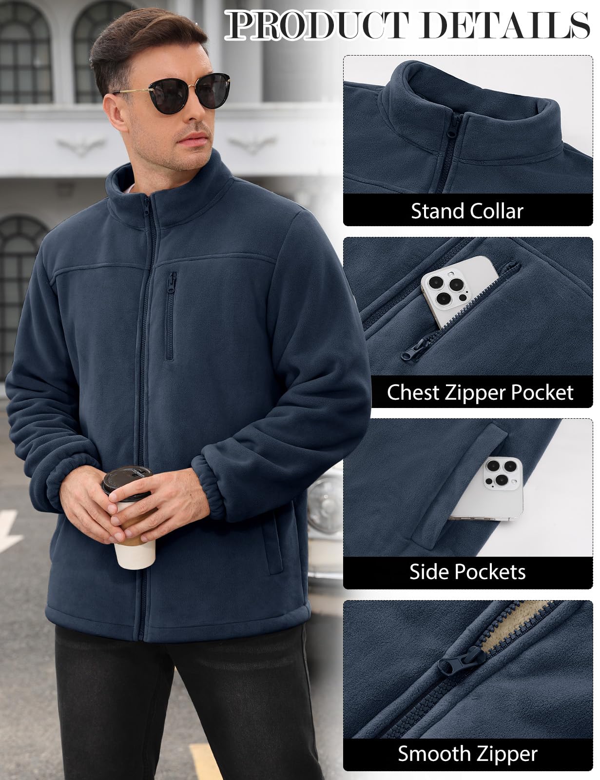 Voqeen Chaqueta de Invierno Forro Polar para Hombre Sudadera Termica con Cremallera Bolsillos sin Capucha Abrigo Cálida Cuello Alto para Senderismo Chaquetas Calefactable Al Aire Libre Trekking