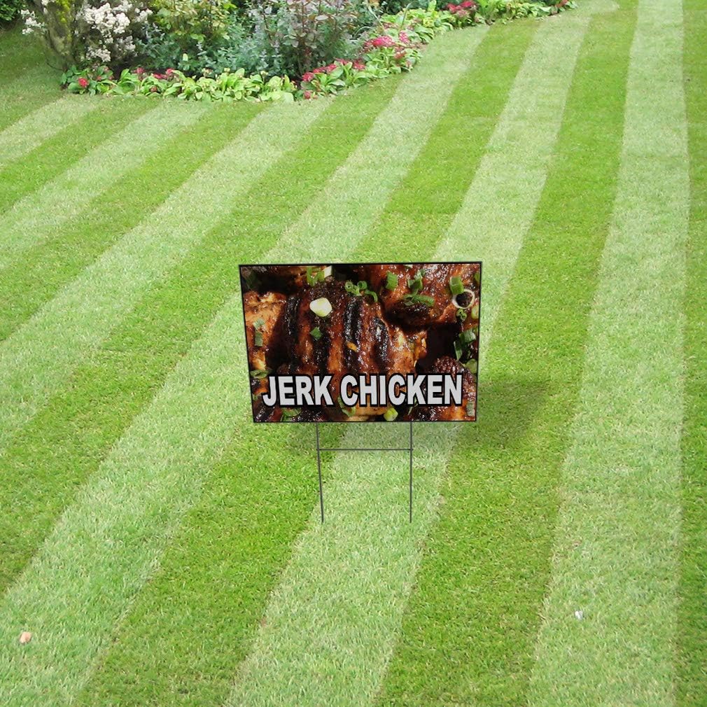 Weatherproof Yard Sign Concessions Jerk Chicken Food Fair Restaurant Cafe Market Lawn Garden 24x18 Inches 2 Sides Print Design Only