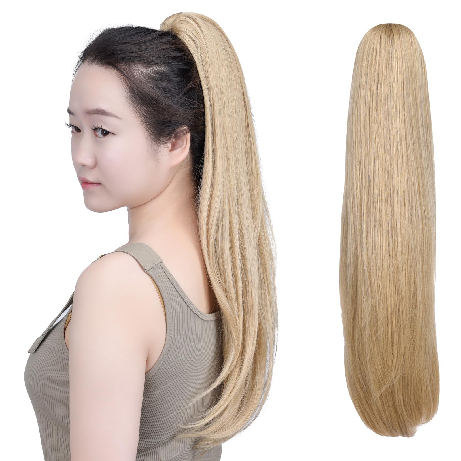 SYXLCYGG Blonde Ponytail Yaki Straight Claw Clip Ponytails 22" 5.5 OZ Synthetic Fake Hair Pieces Women Like Real Hair Fluffy Tangled