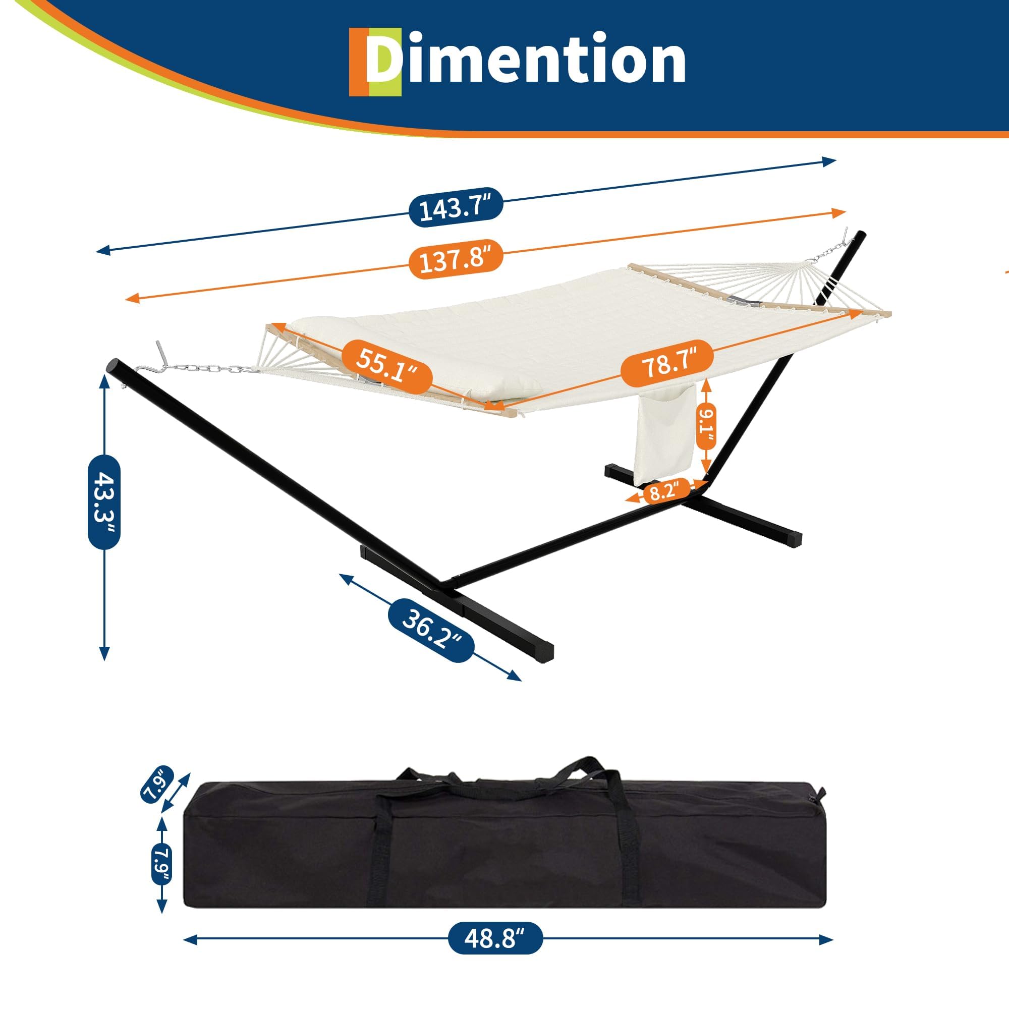Garvee Hamac Double 365cm avec Support en Acier, Sac de Transport Inclus