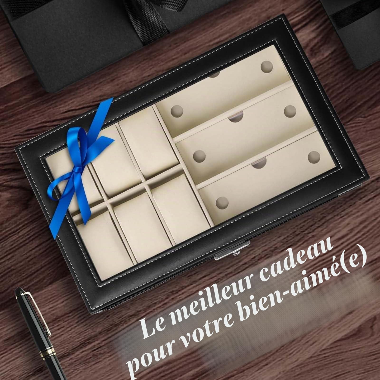 Boite Montre avec 6 Porte Montres, Coffret Montre Homme, Boite à Bijoux, Rangement Lunette de Soleil, Rangement Montres, Lunettes de Soleil, Bijoux et Accessoires