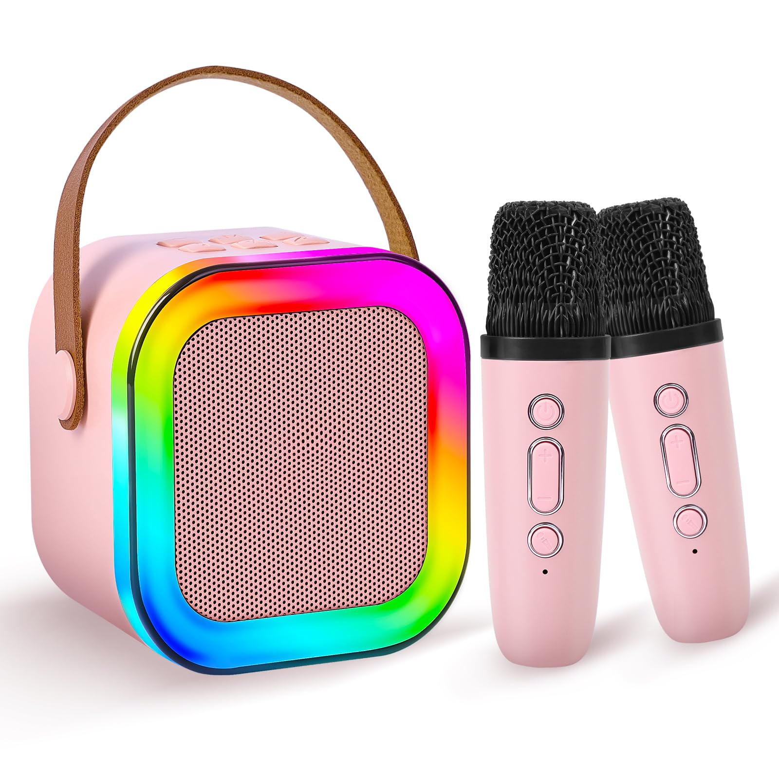 Mini Karaoke Machine for Kids Adults, Portable Bluetooth Speaker with 2 Wireless Mic, Karaoke Machine with Voice Changing Effect Colorful Lights Birthday Gifts for Kids Ages 4, 5, 6, 7, 8, 9, 10, 12+